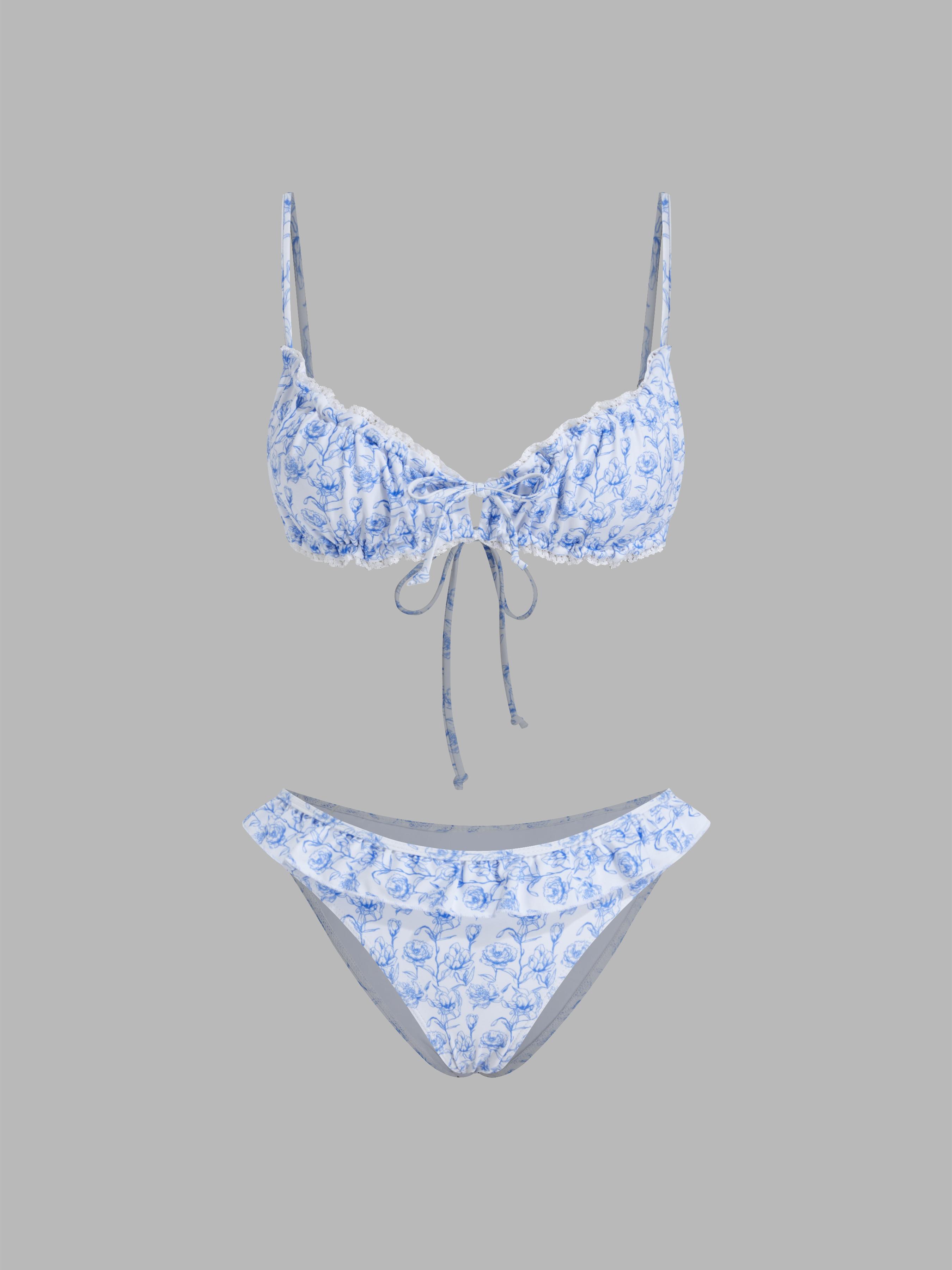 V-neck Floral Lettuce Trim Bracelet Cheeky Bikini Set by CIDER