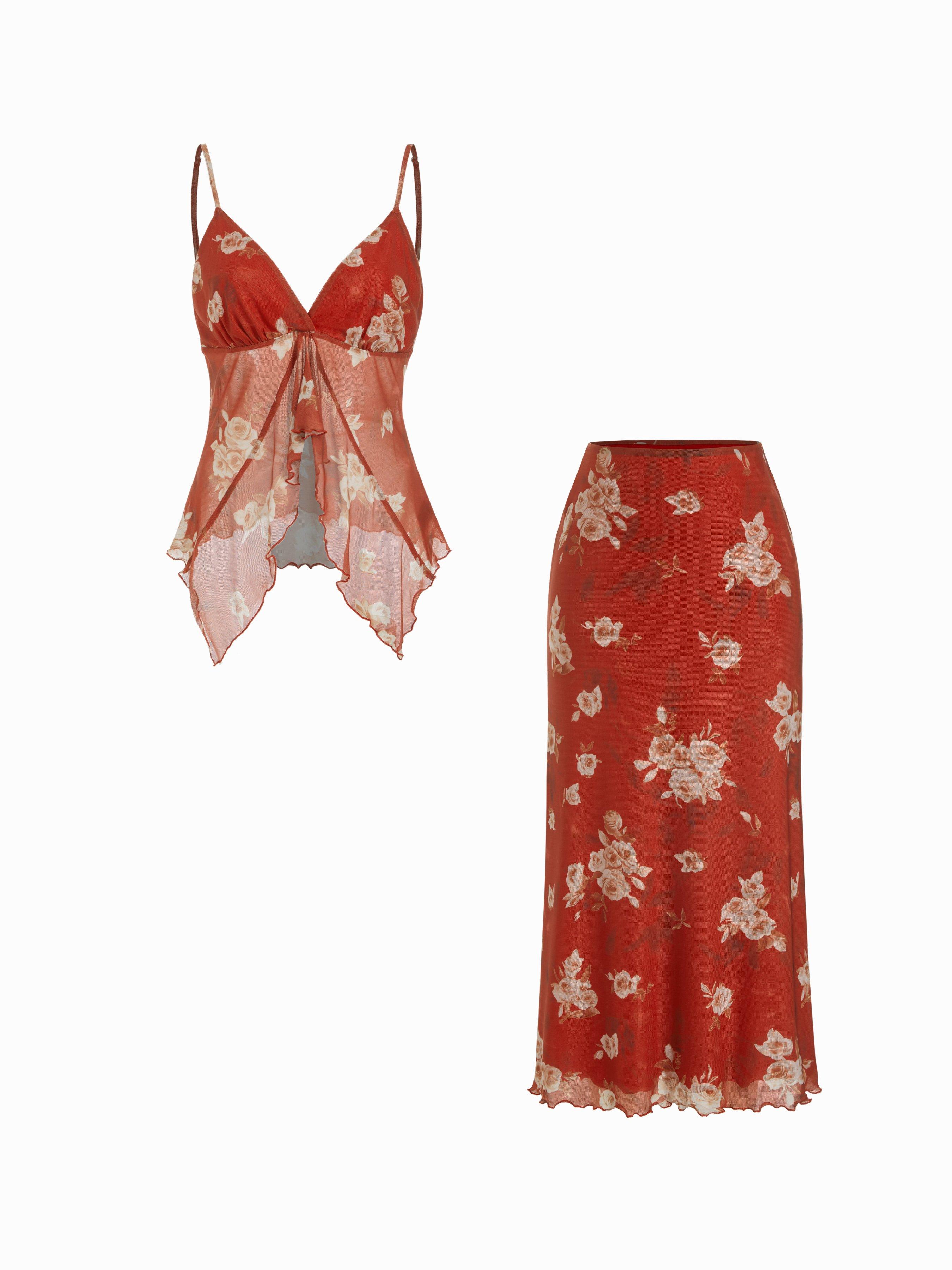V-neck Floral Ruffle Cami Top & Mid Rise Maxi Skirt Set by CIDER