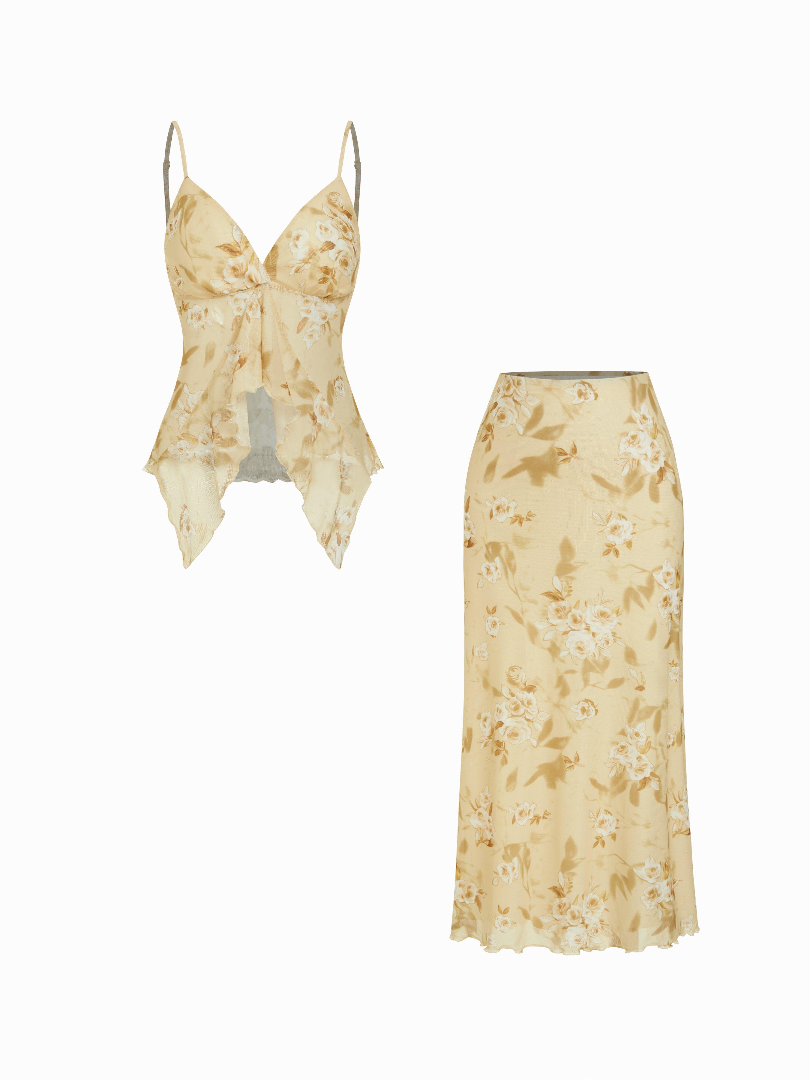 V-neck Floral Ruffle Cami Top & Mid Rise Maxi Skirt Set by CIDER