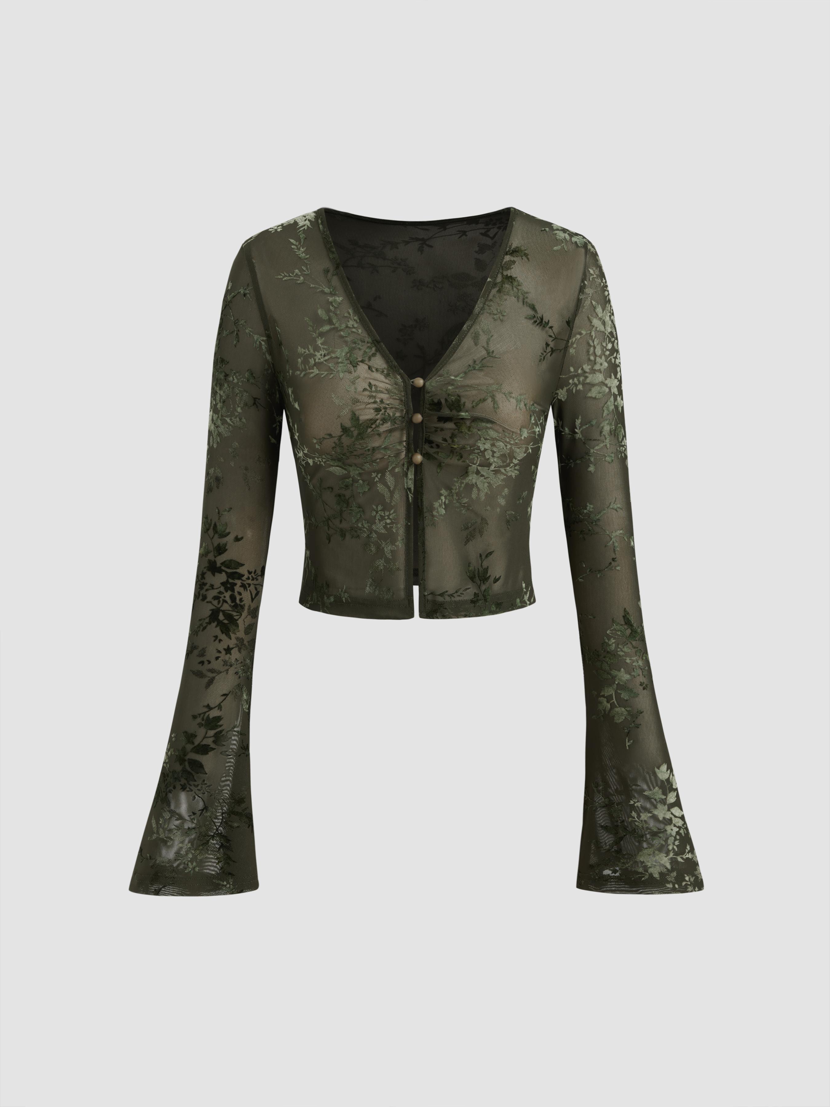 V-neck Floral See-through Cropped Bell Sleeve Blouse by CIDER
