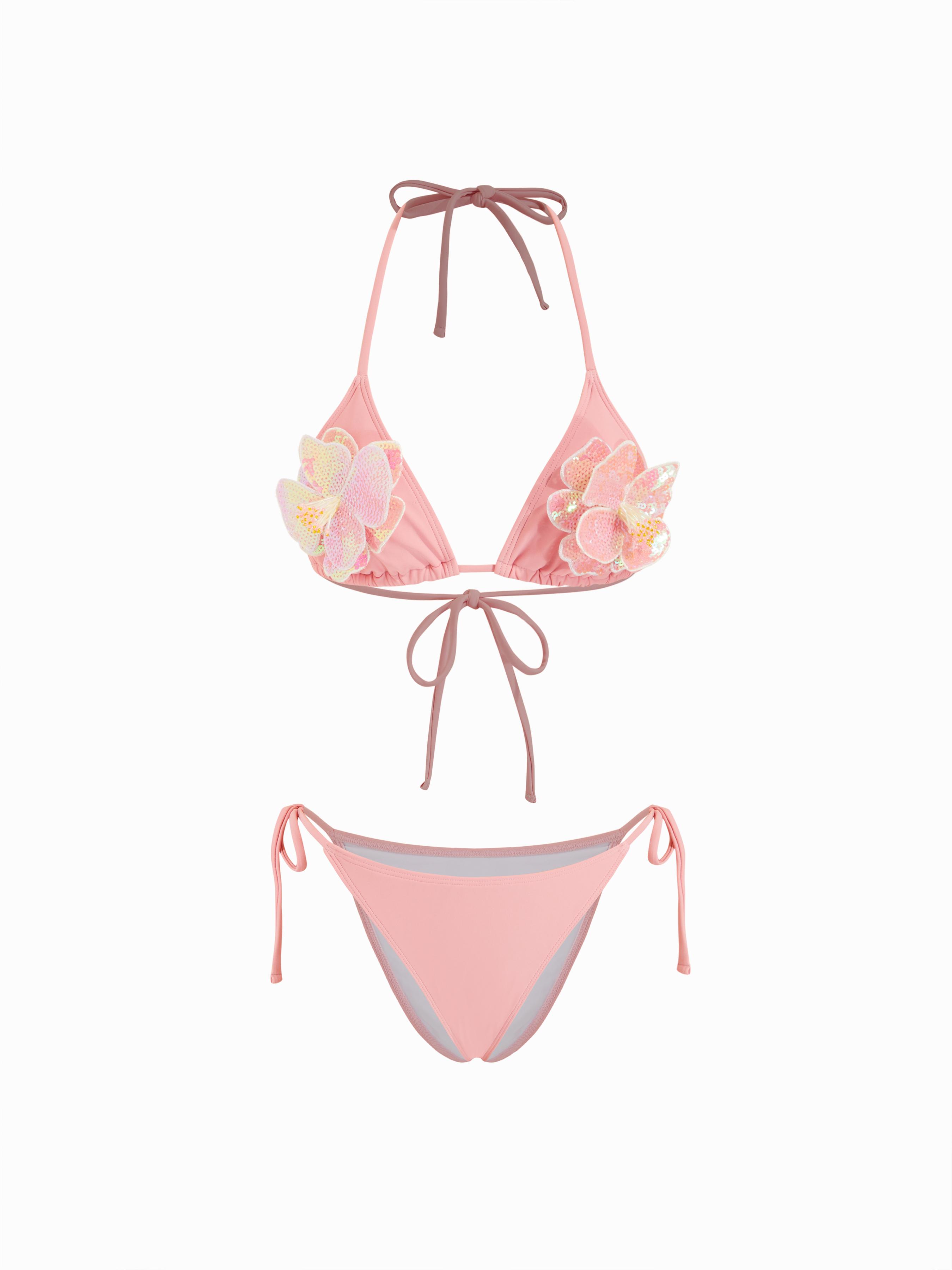 V-neck Floral Sequin Detail Tie Side Triangle Bikini Set by CIDER