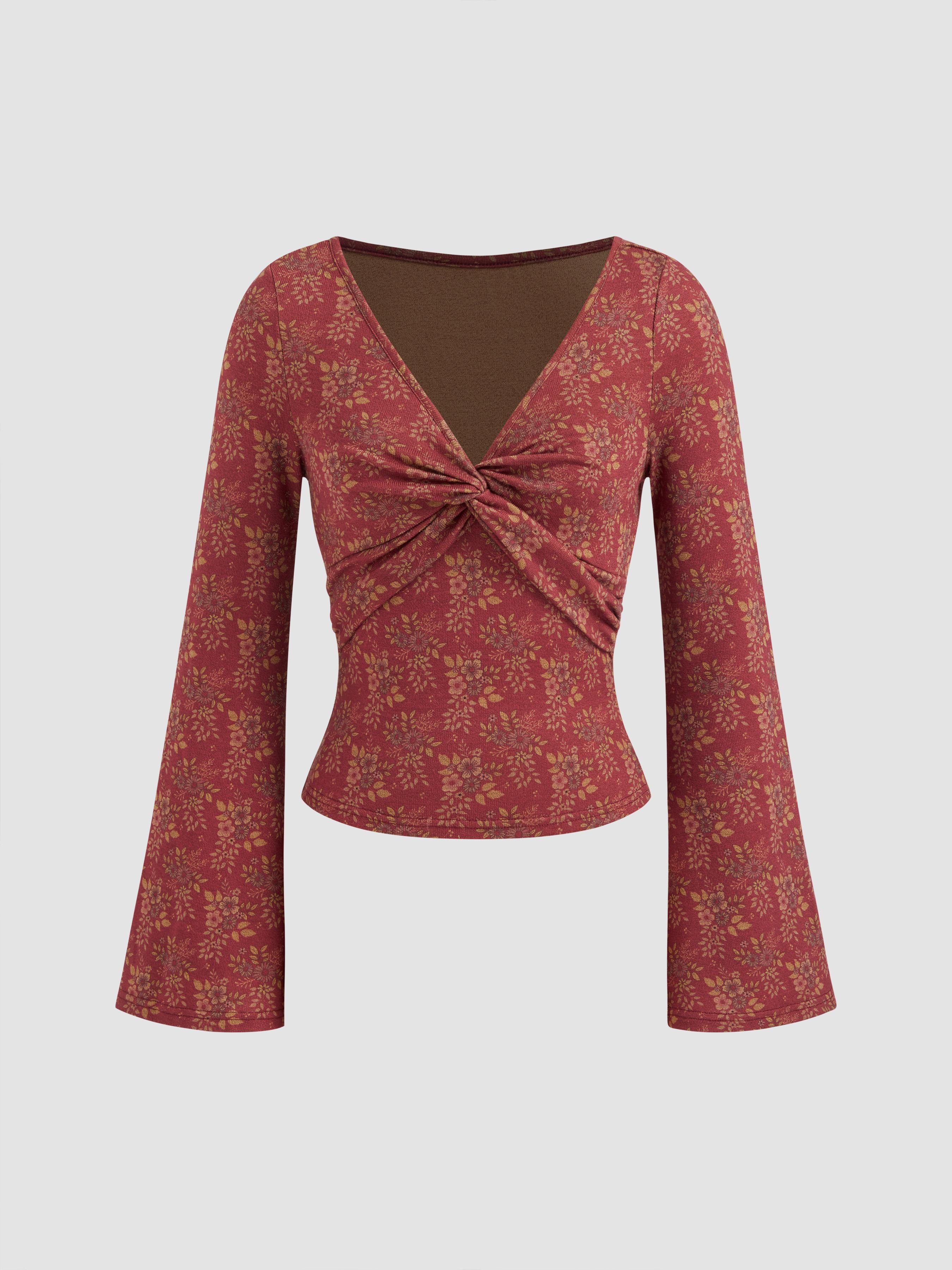 V-neck Floral Twist Long Sleeve Top by CIDER