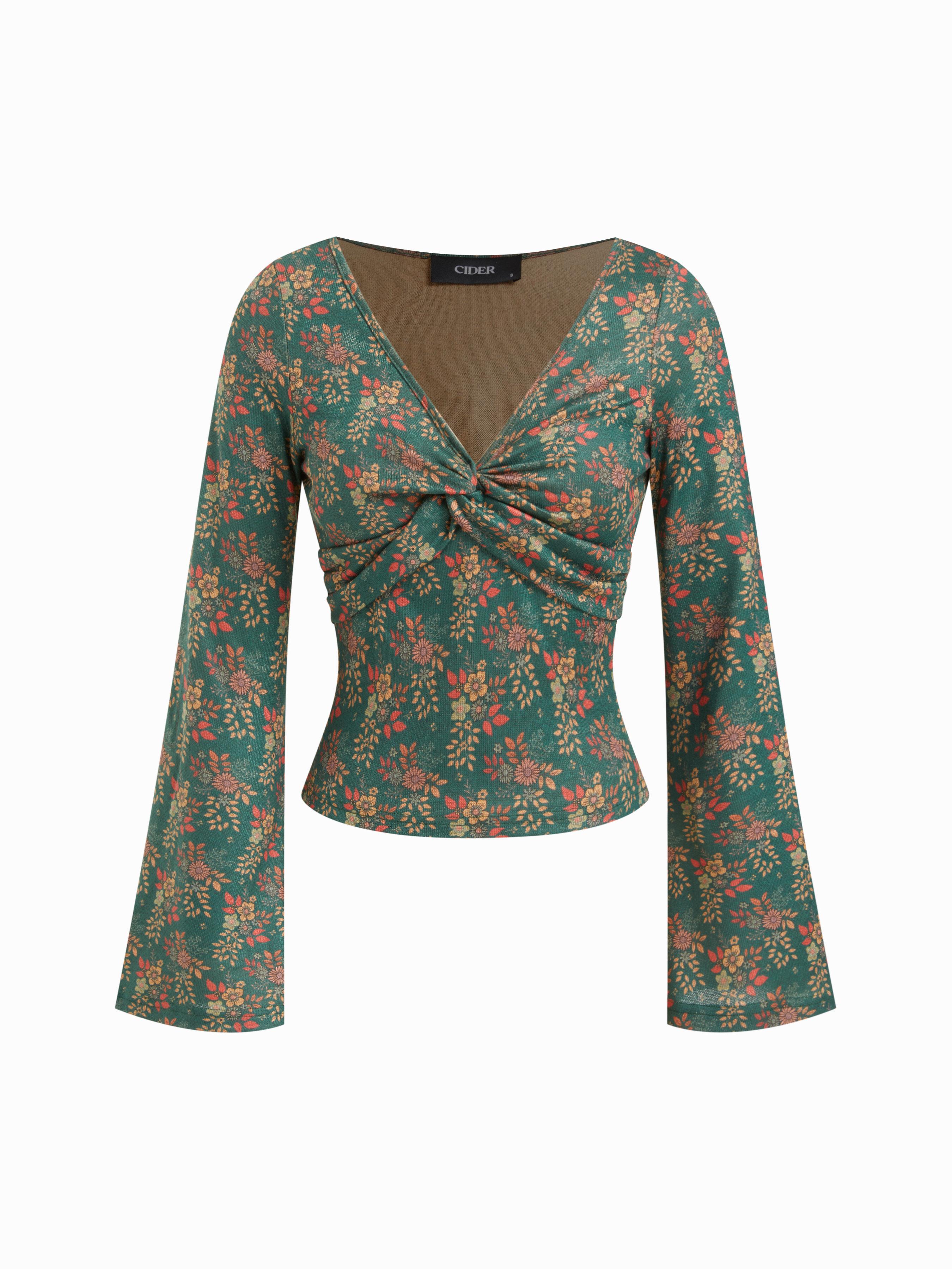 V-neck Floral Twist Long Sleeve Top by CIDER