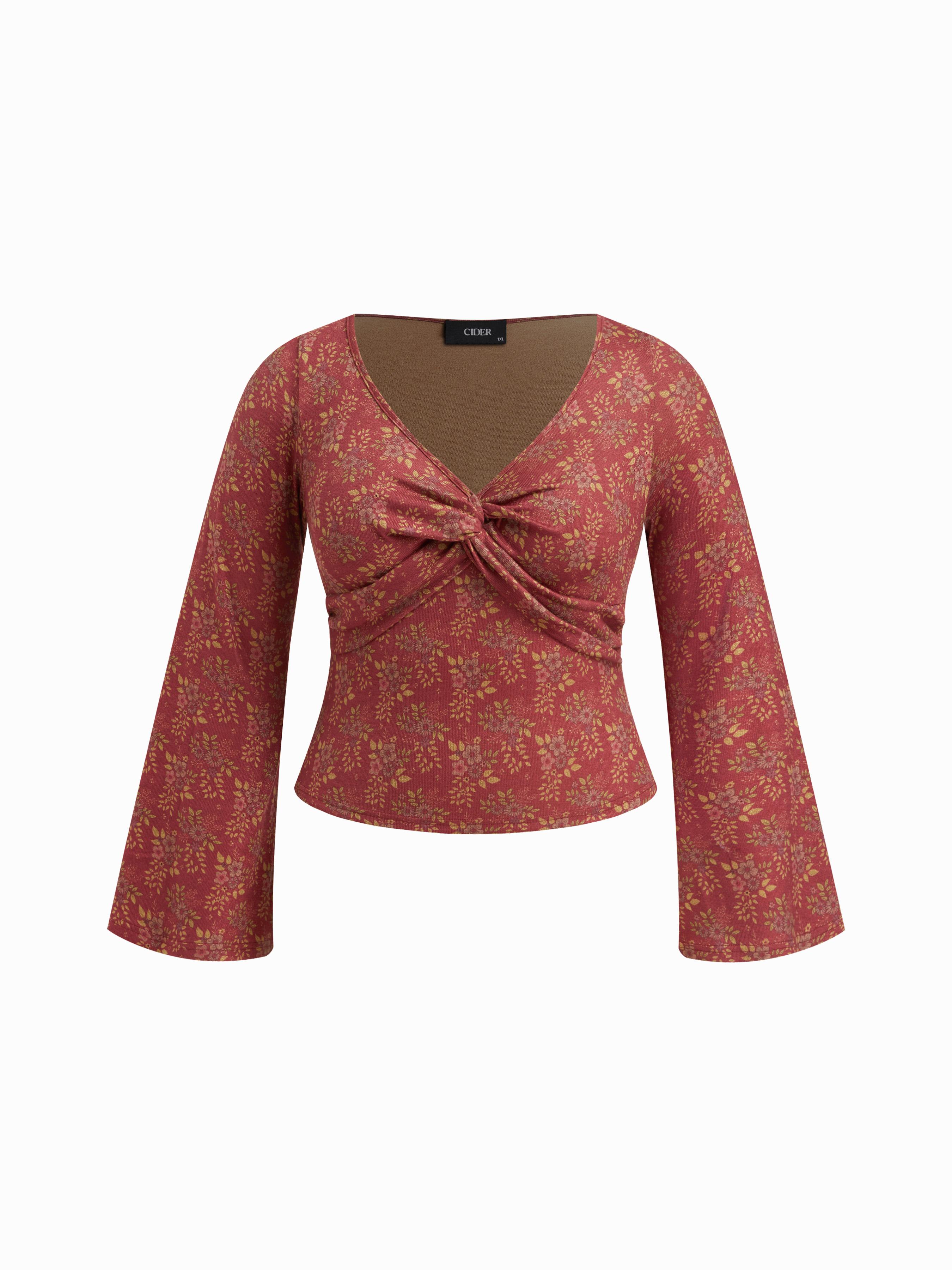 V-neck Floral Twist Long Sleeve Top Curve & Plus by CIDER