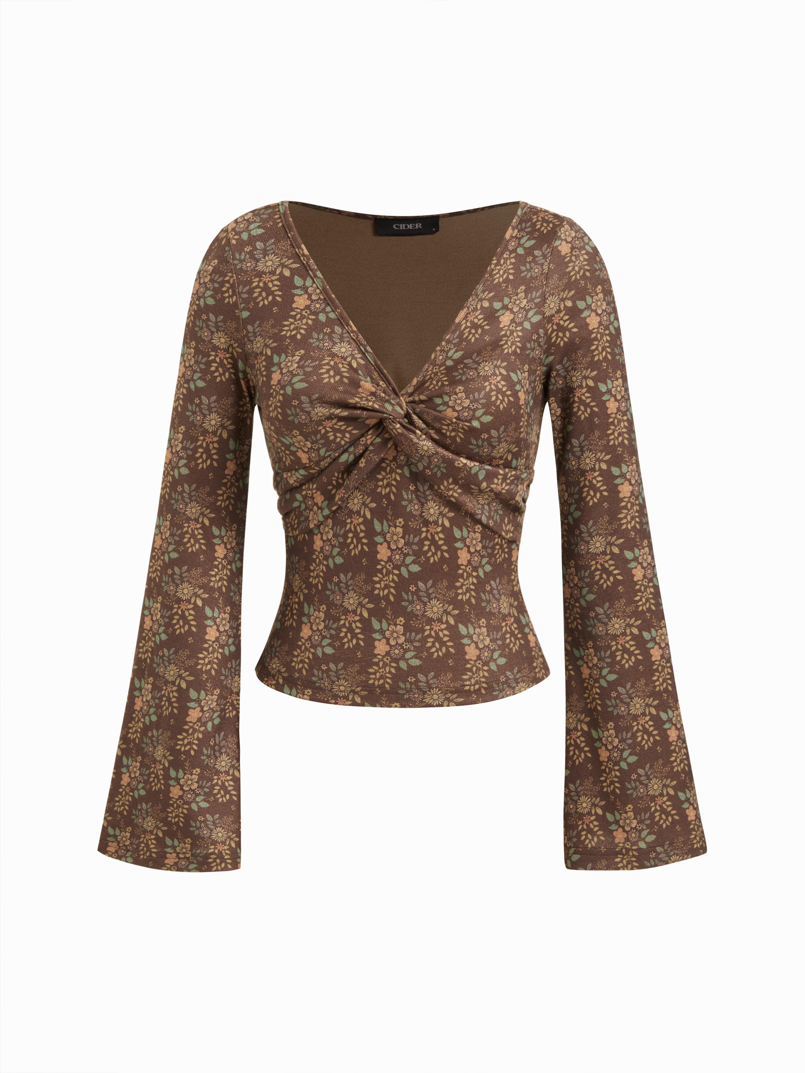 V-neck Floral Twist Long Sleeve Top by CIDER