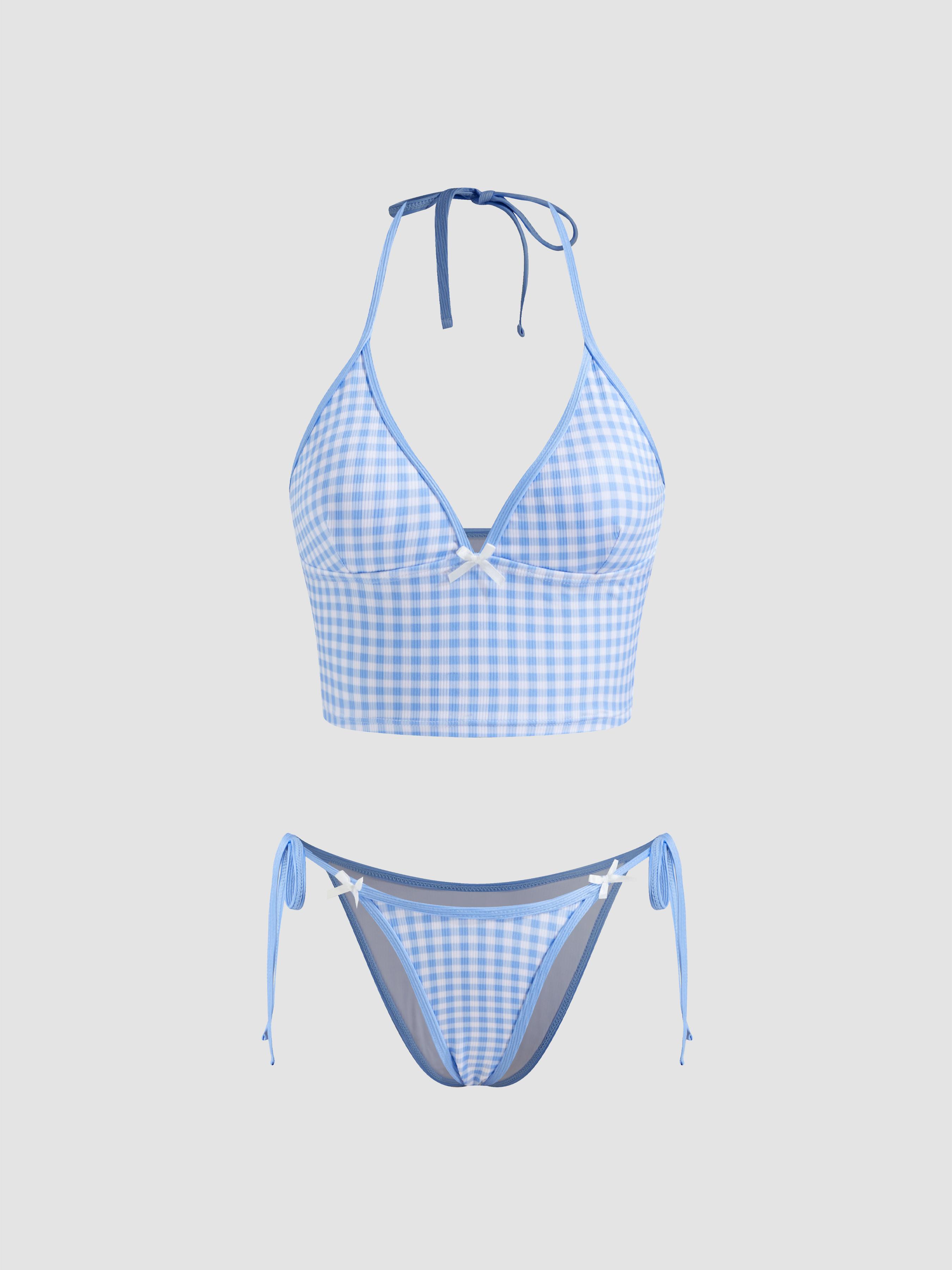 V-neck Gingham Bowknot Halter Tie Side Bikini Set by CIDER