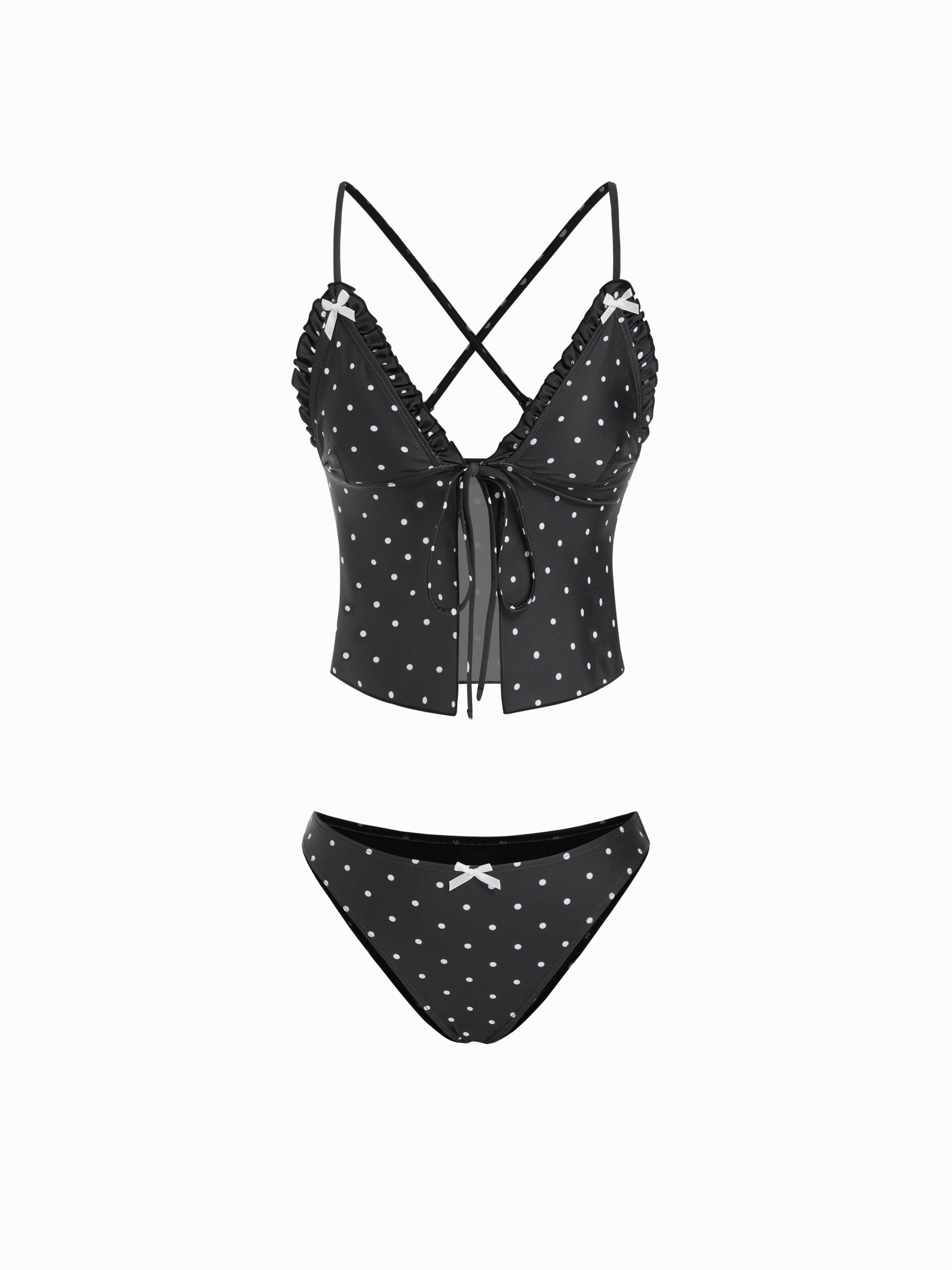 V-neck Gingham Bowknot Lettuce Trim Tankini Bikini Set by CIDER
