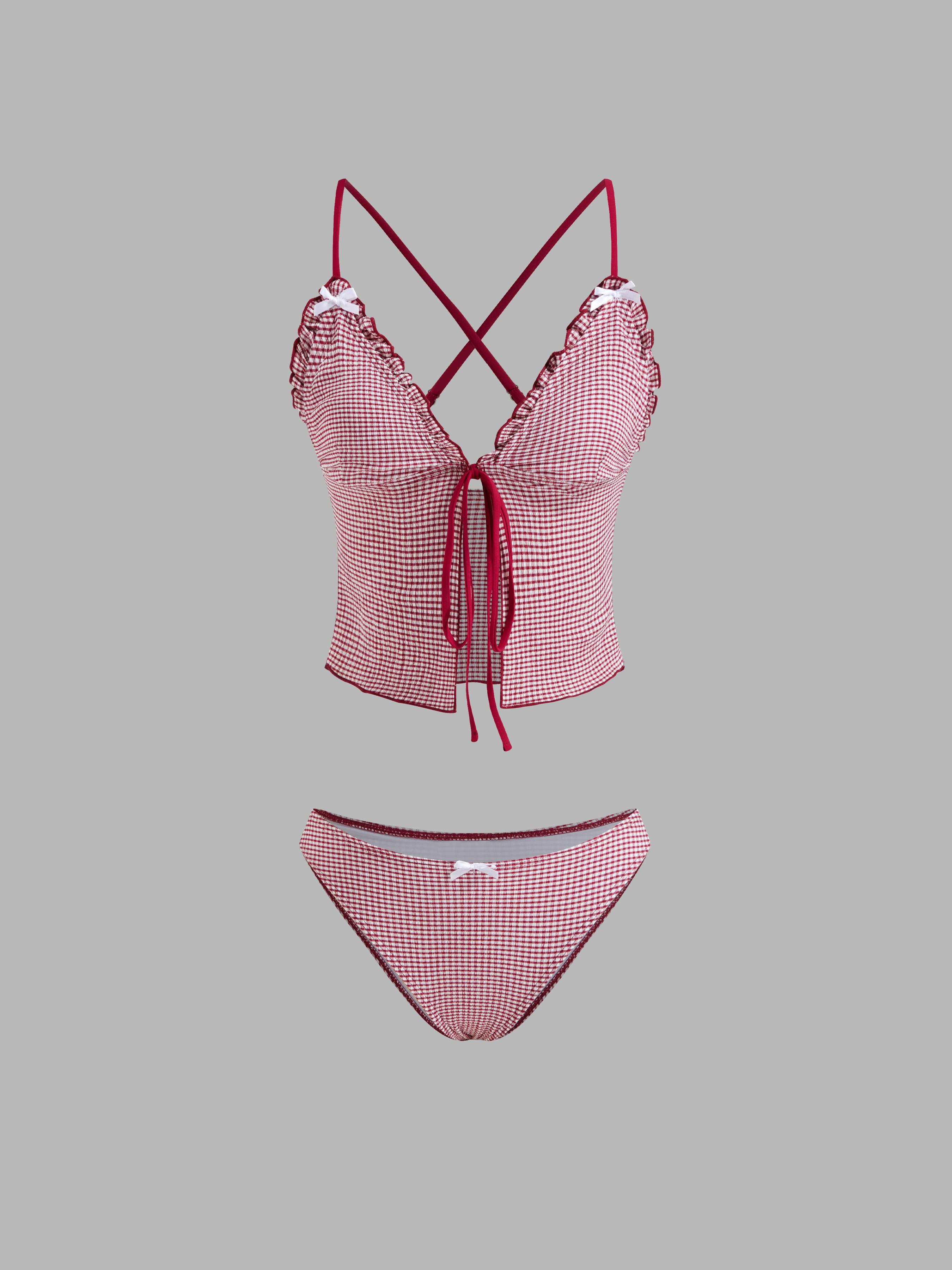 V-neck Gingham Bowknot Lettuce Trim Tankini Bikini Set by CIDER