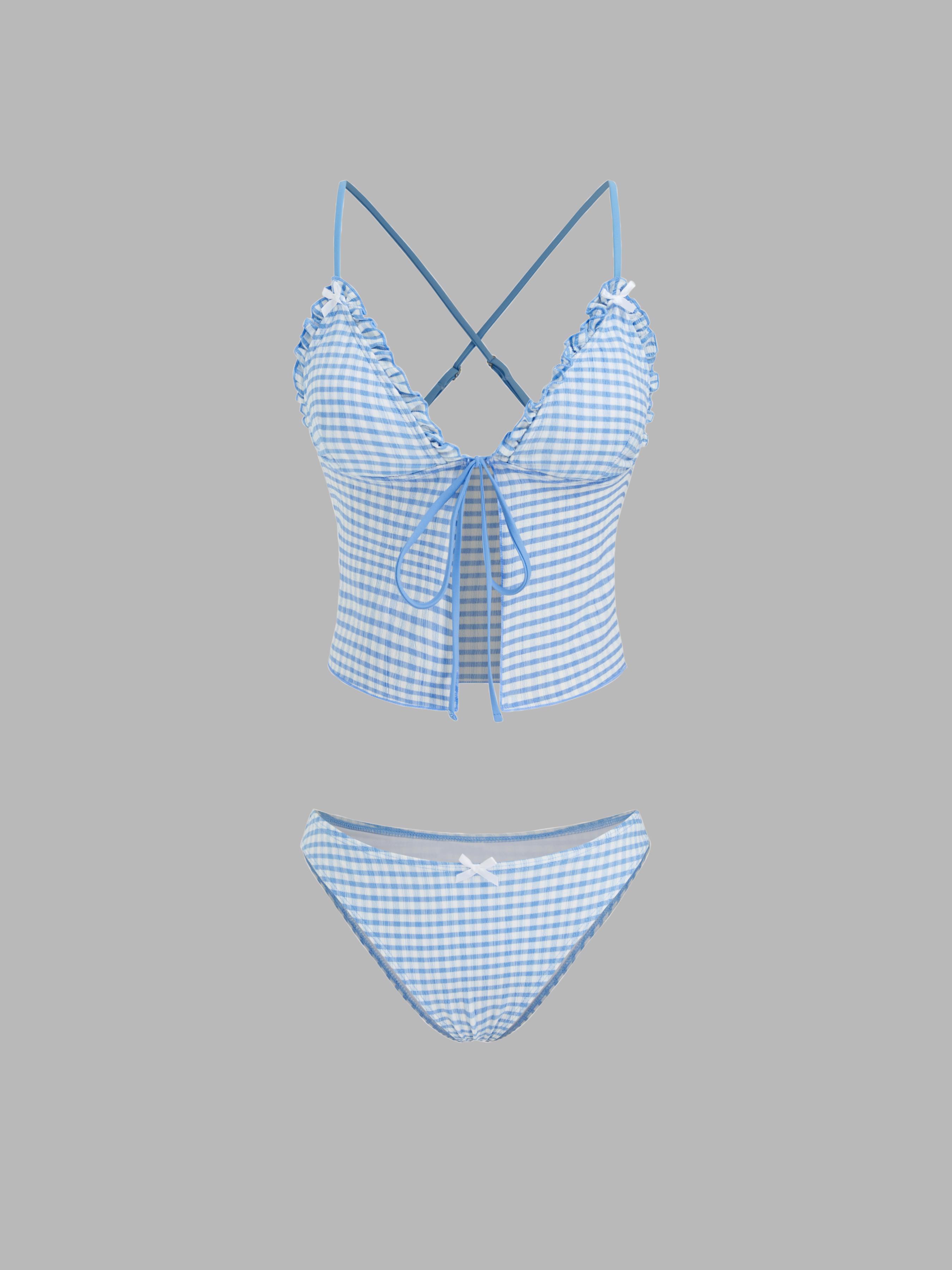 V-neck Gingham Bowknot Lettuce Trim Tankini Bikini Set by CIDER