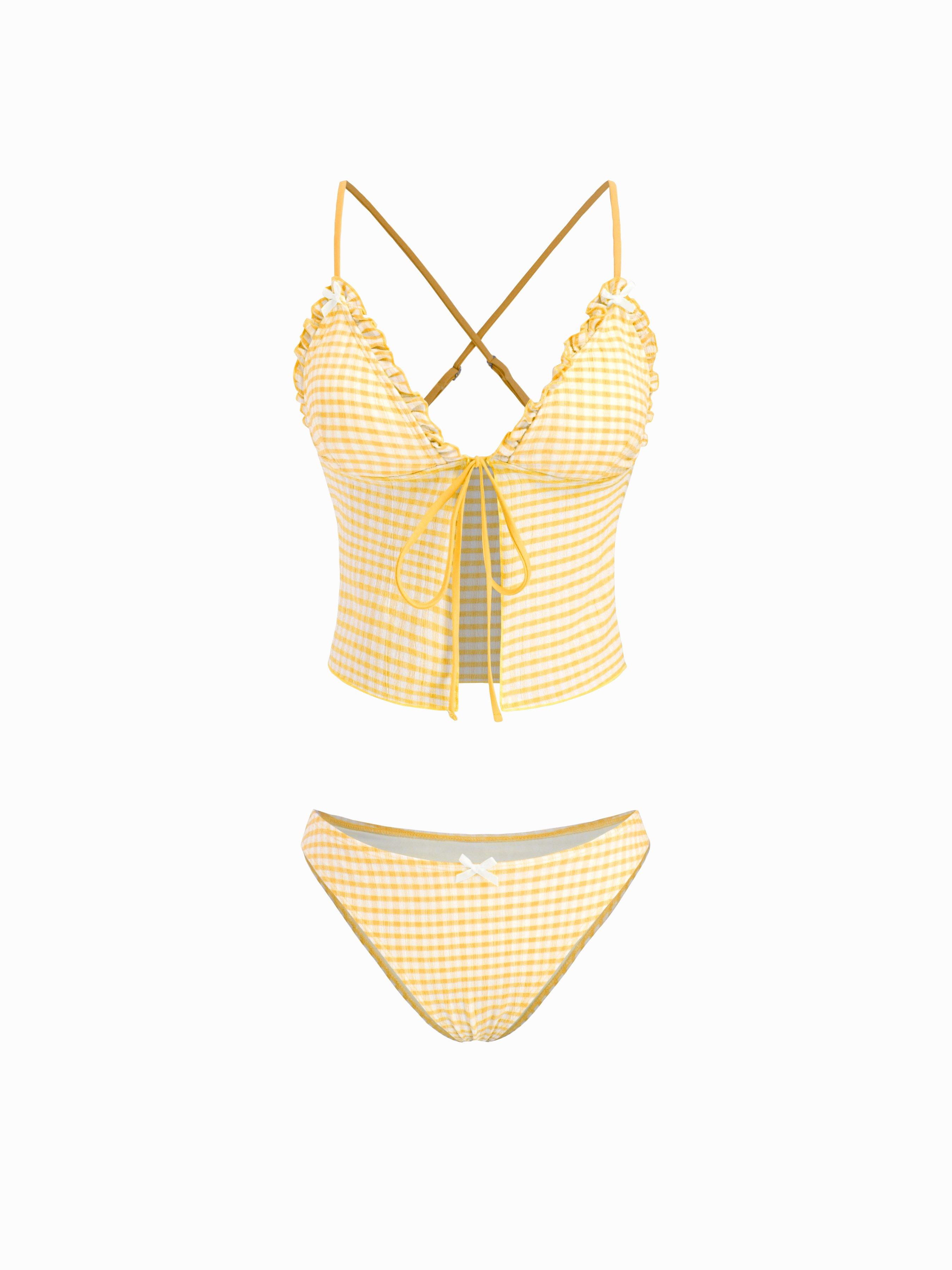 V-neck Gingham Bowknot Lettuce Trim Tankini Bikini Set by CIDER
