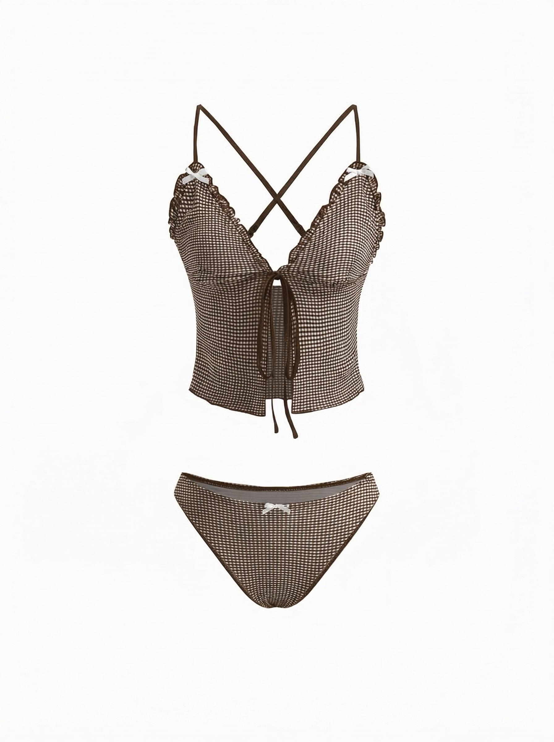 V-neck Gingham Bowknot Lettuce Trim Tankini Bikini Set by CIDER