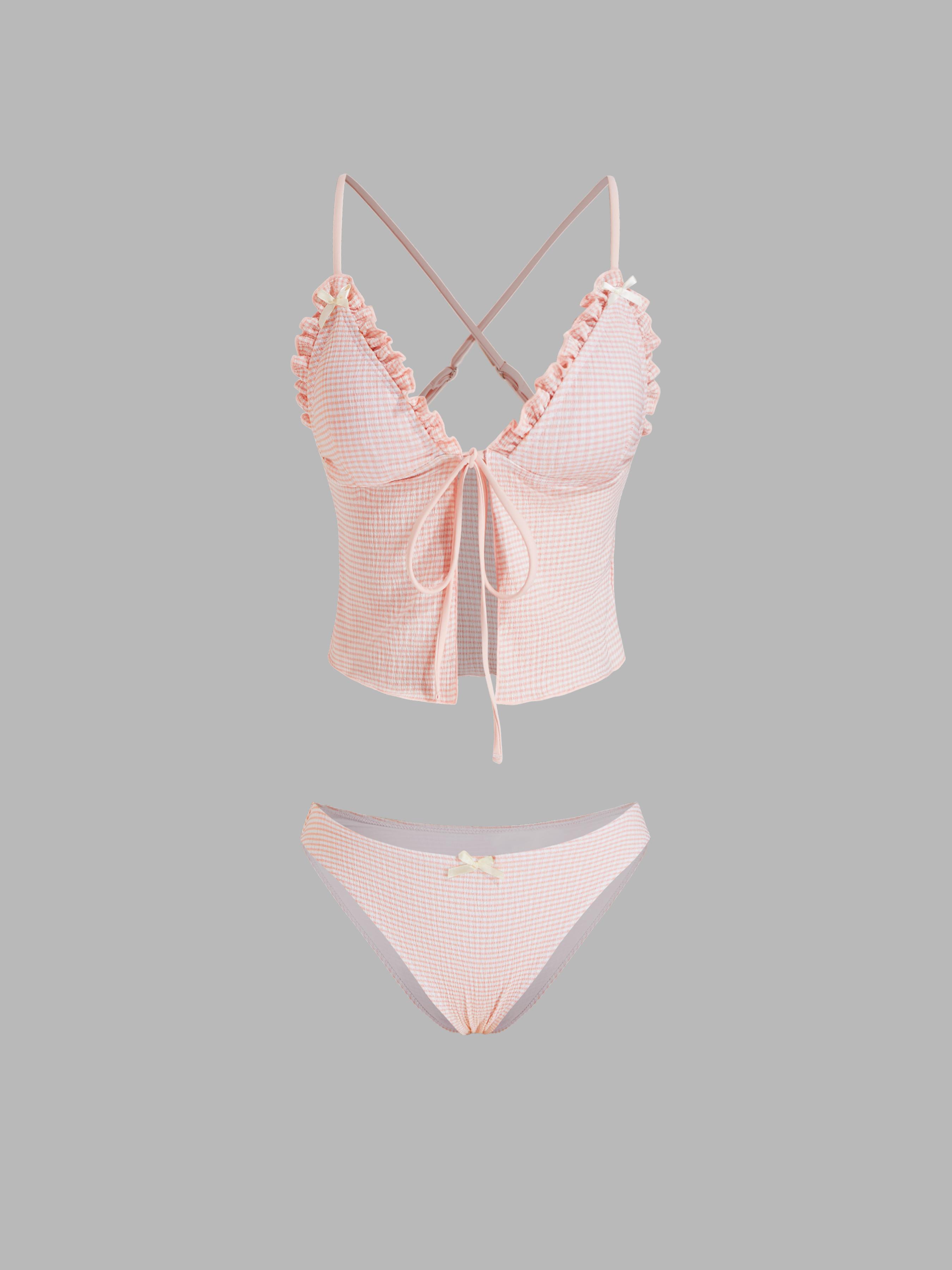 V-neck Gingham Bowknot Lettuce Trim Tankini Bikini Set by CIDER
