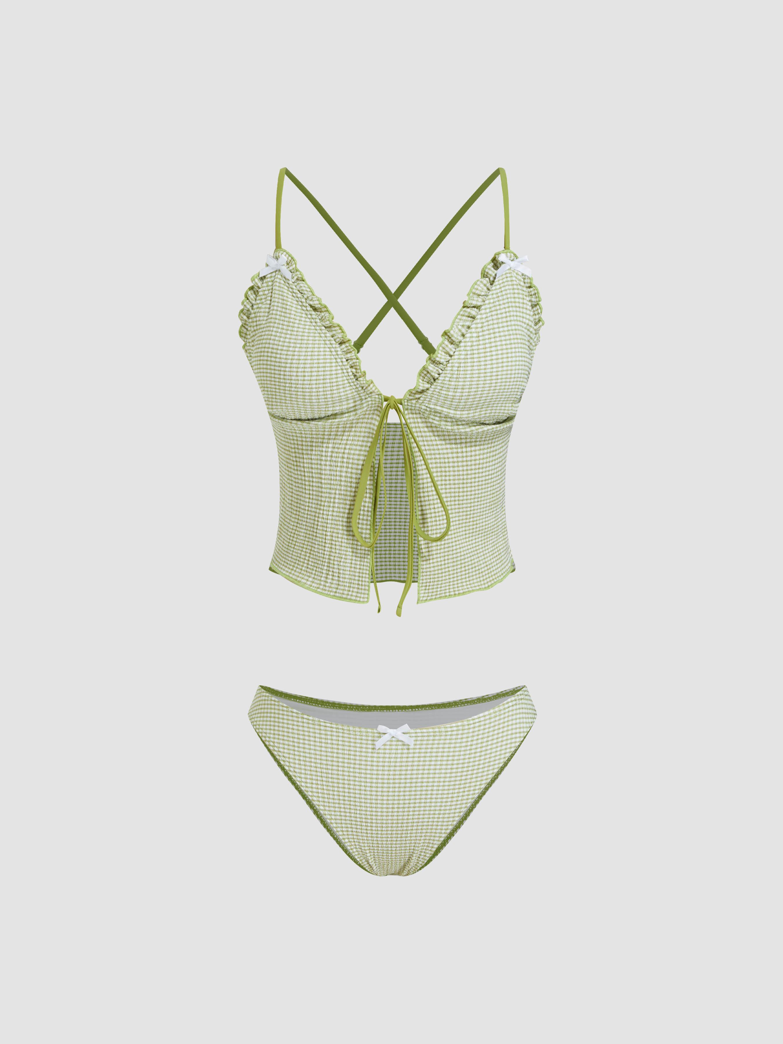 V-neck Gingham Bowknot Lettuce Trim Tankini Bikini Set by CIDER