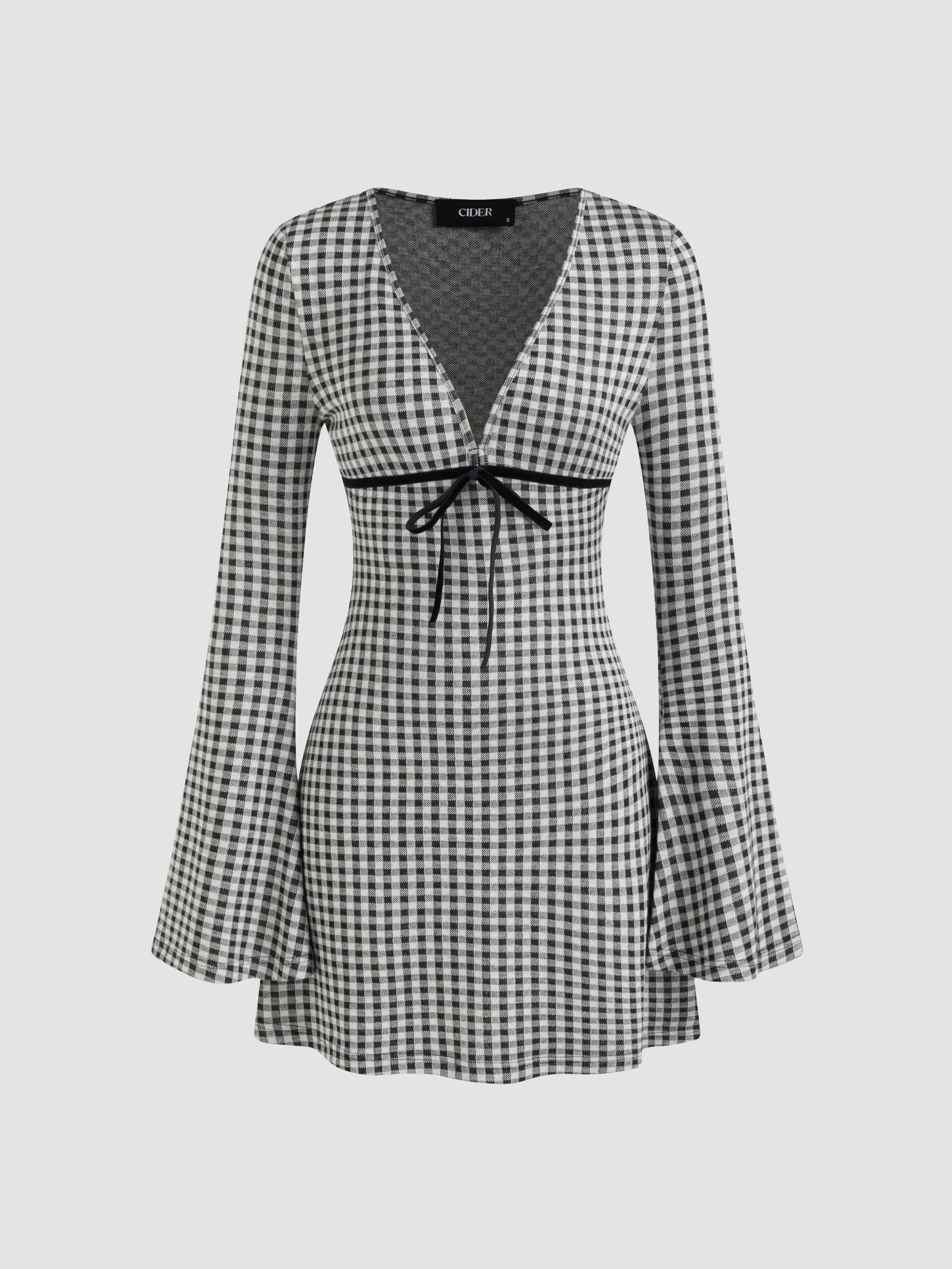 V-neck Gingham Bowknot Mini Dress by CIDER