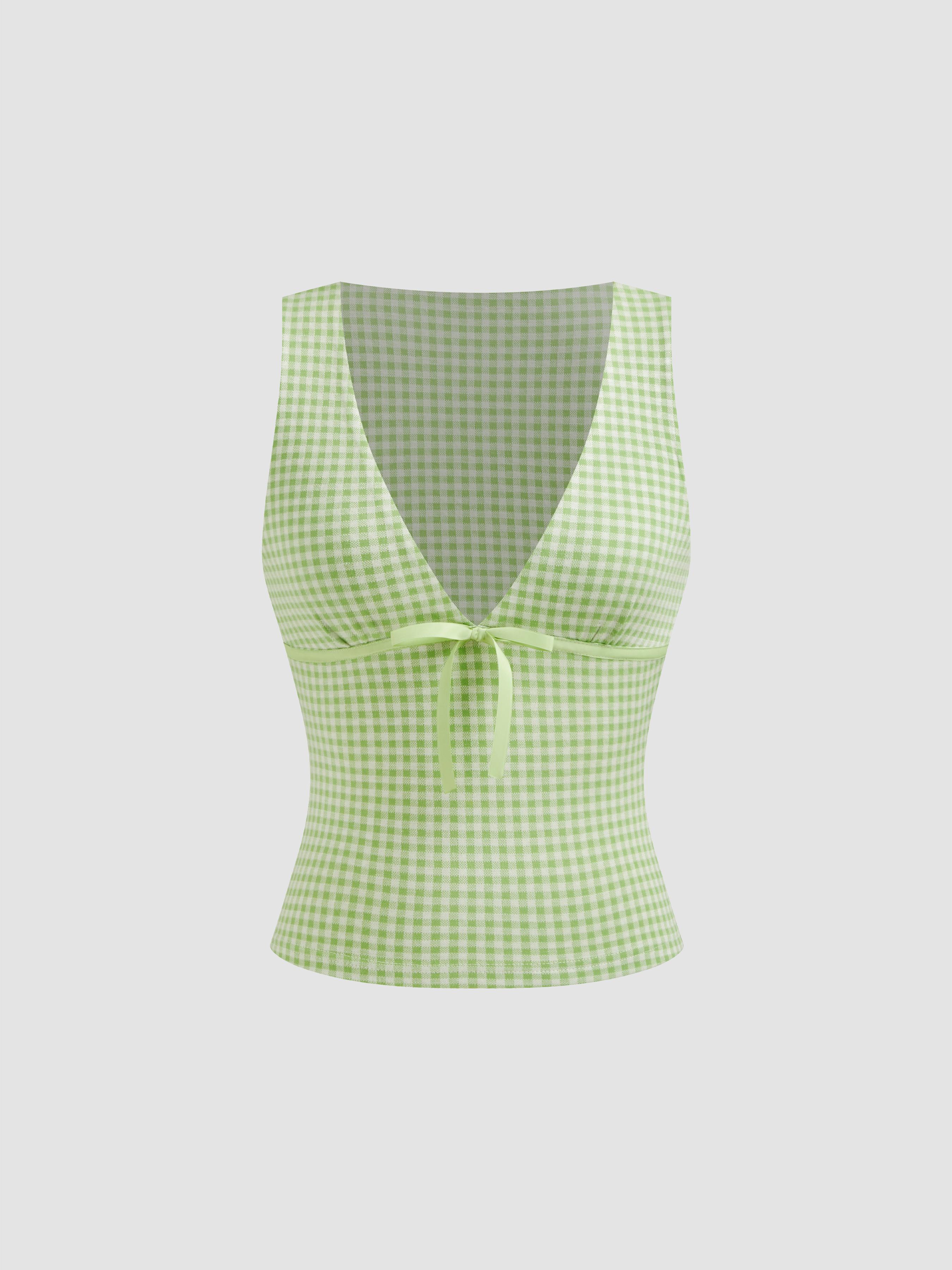 V-neck Gingham Bowknot Tank Top by CIDER