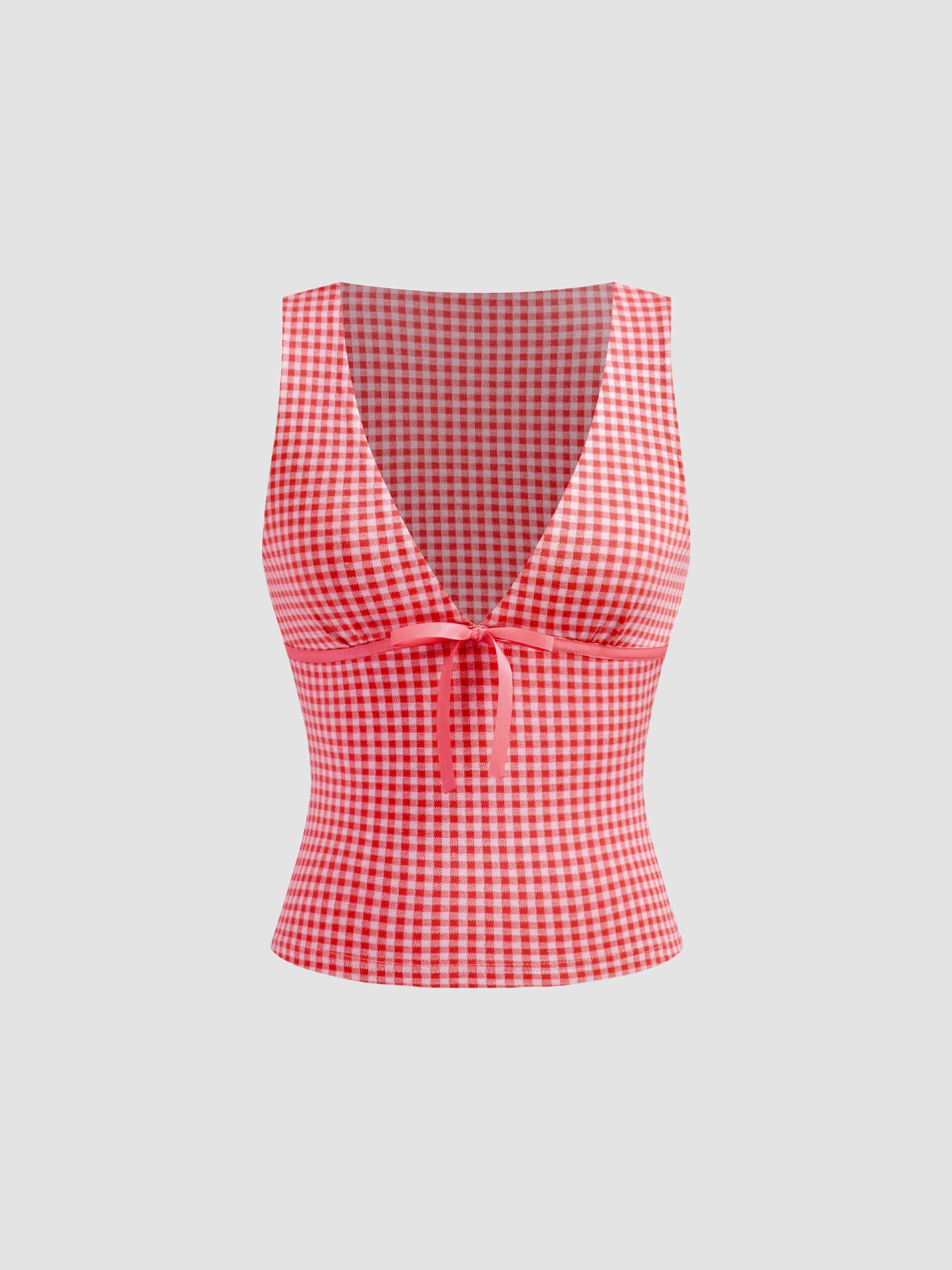 V-neck Gingham Bowknot Tank Top by CIDER
