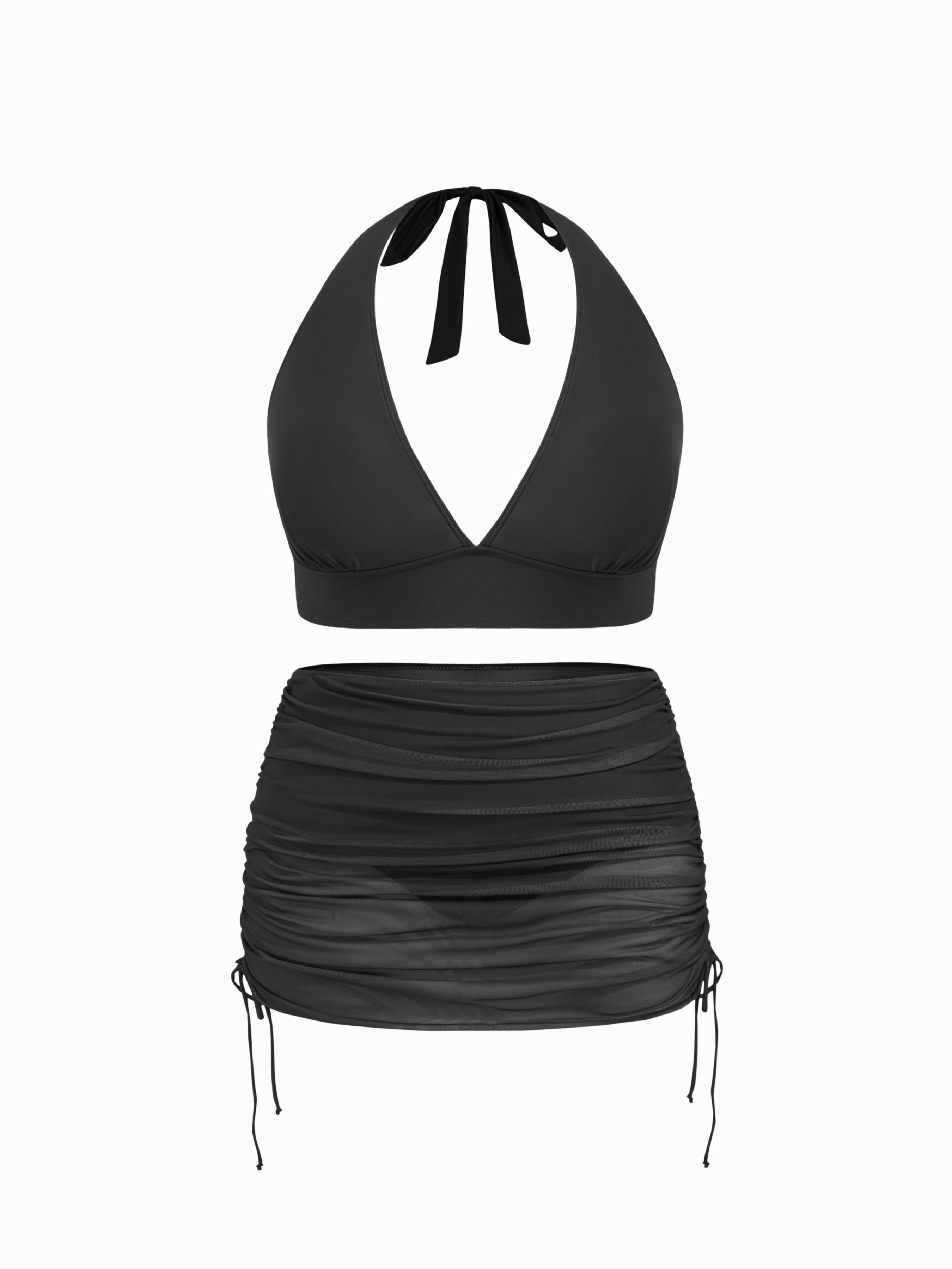V-neck Halter Cheeky Tankini Swimsuit With Drawstring Cover Up Skirt Curve & Plus by CIDER