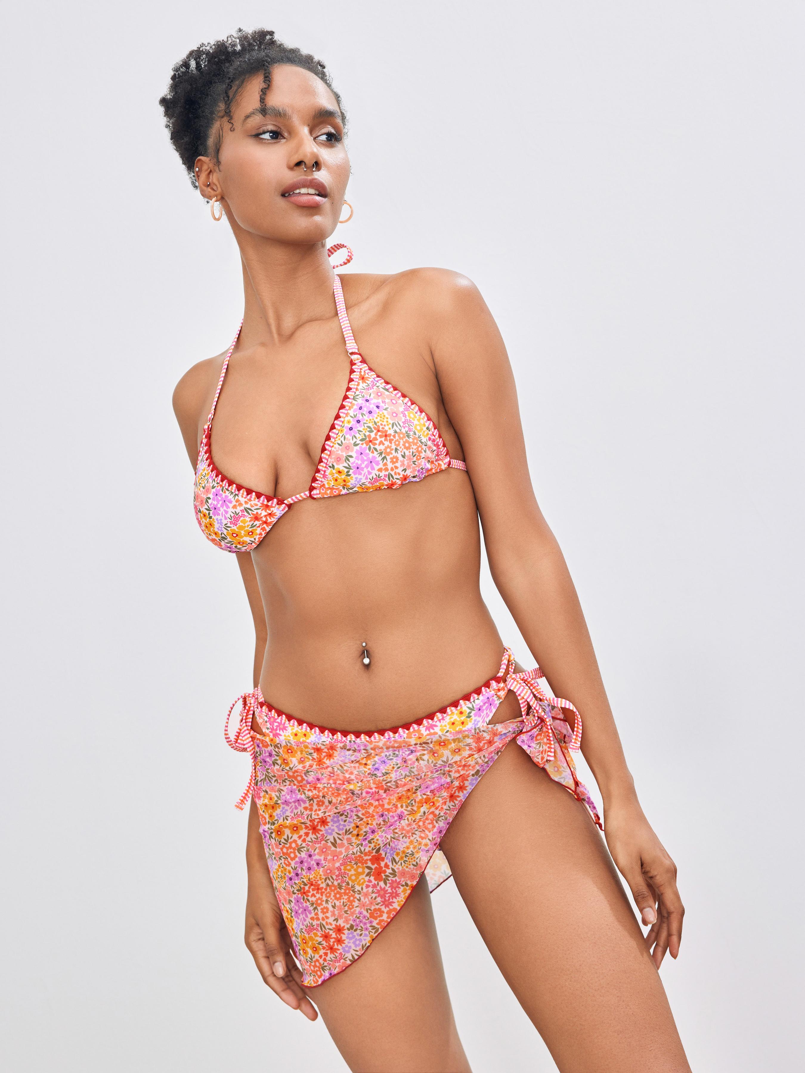 V-neck Halter Floral Tie Side Bikini Swimsuit With Sarong by CIDER