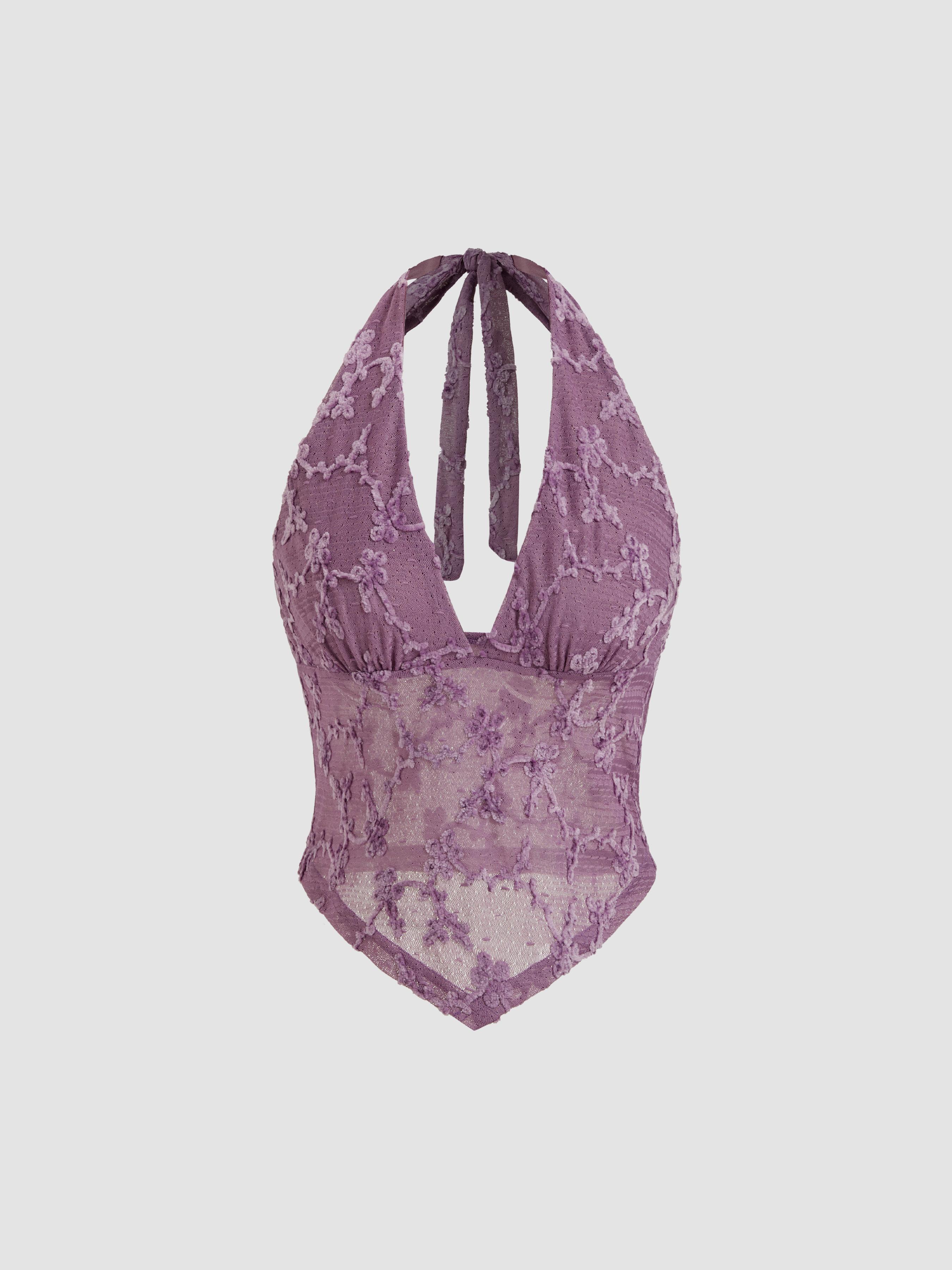 V-neck Halter Knotted Floral Mesh Tank Top by CIDER