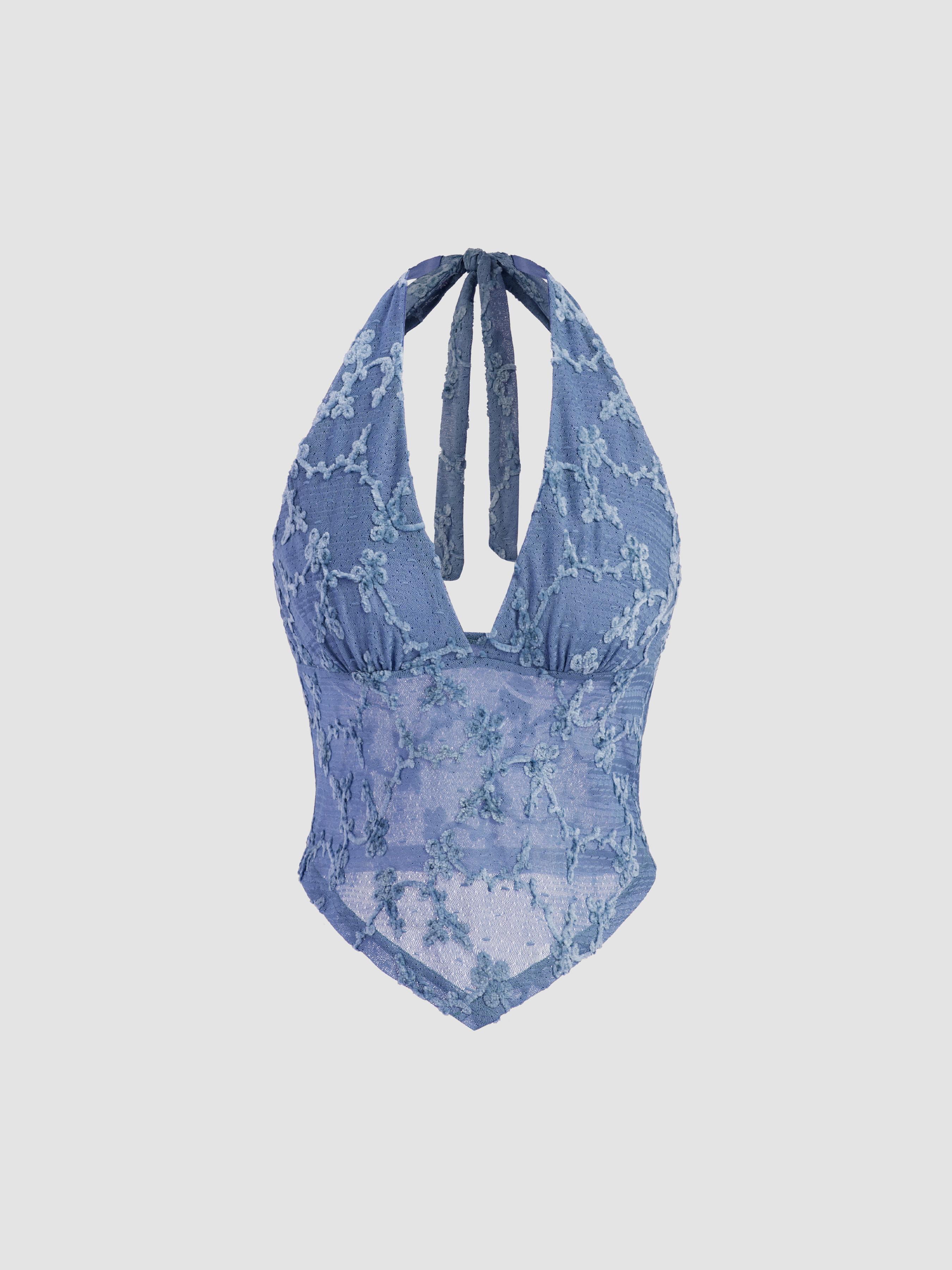 V-neck Halter Knotted Floral Mesh Tank Top by CIDER
