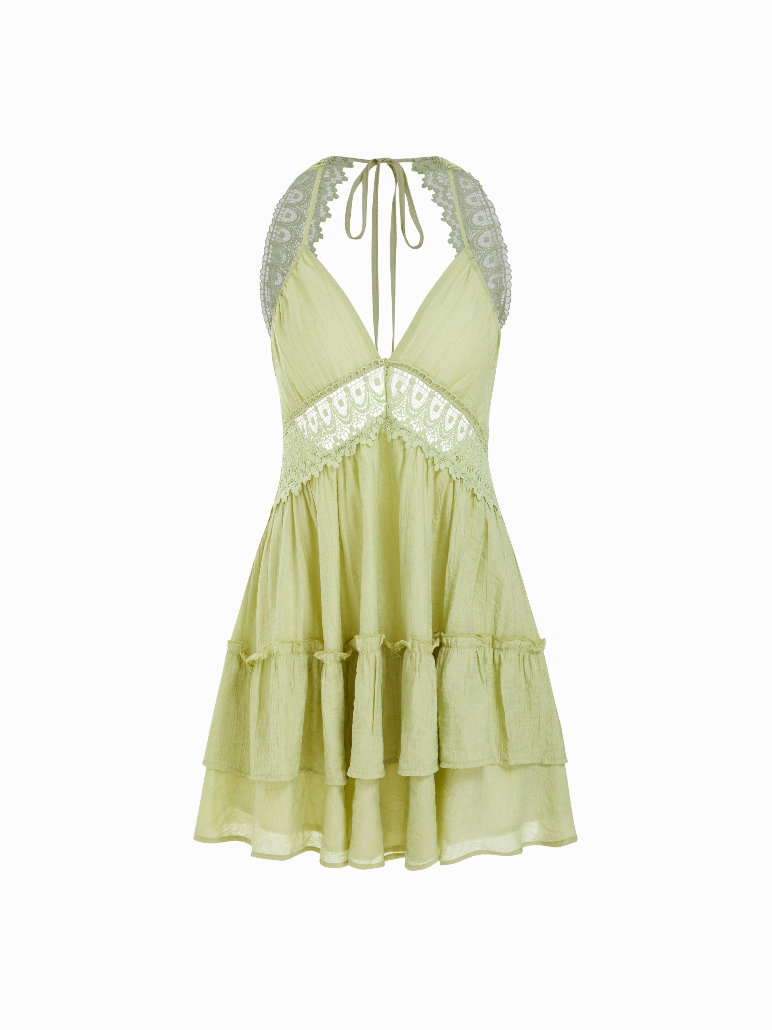 V-neck Halter Neckline Backless Guipure Lace Layered A-line Mini Dress by CIDER