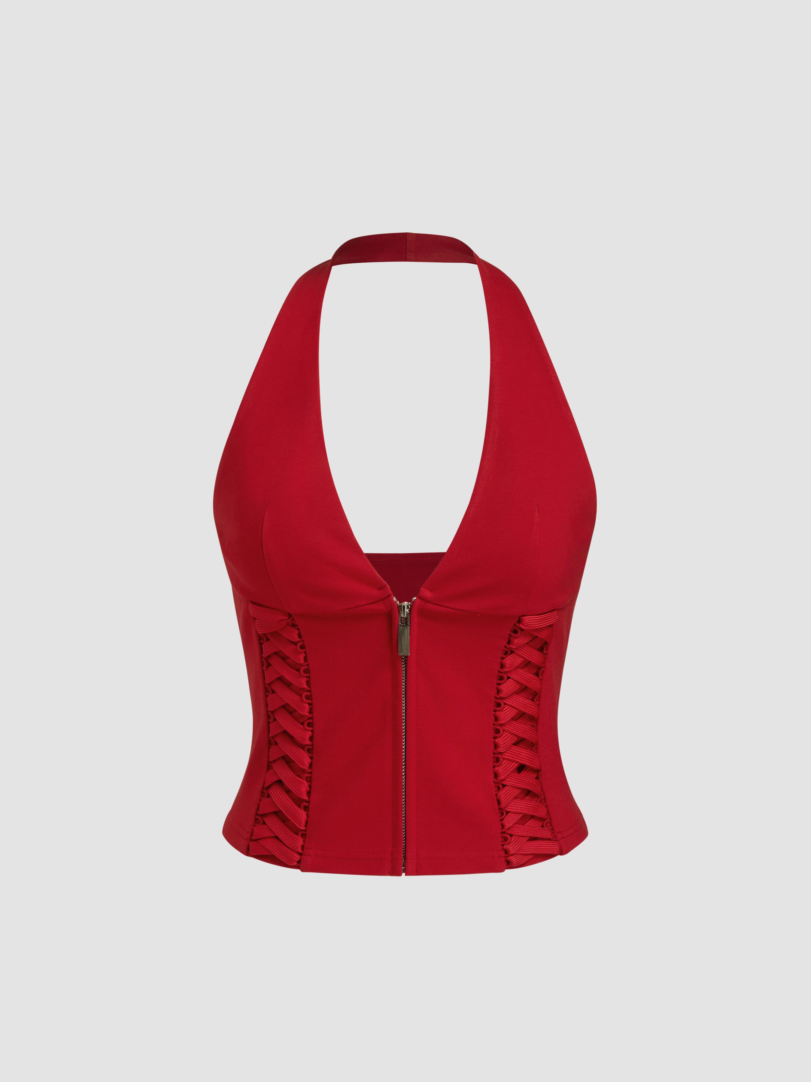 V-neck Halter Zipper Lace Up Top by CIDER