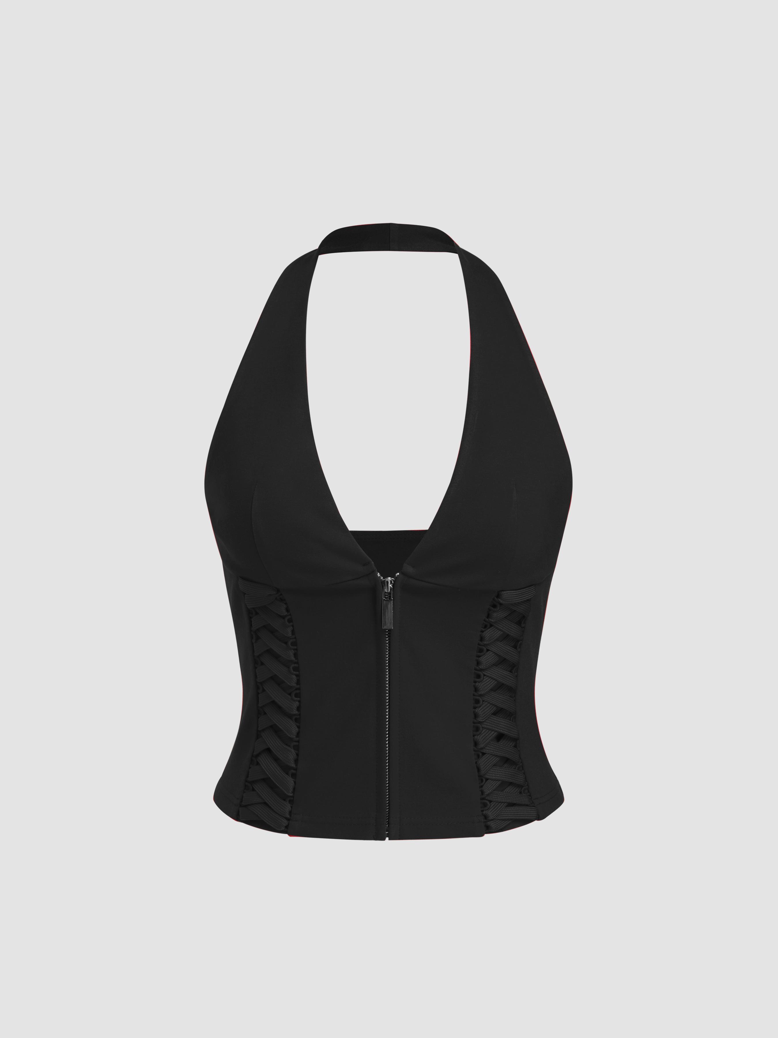 V-neck Halter Zipper Lace Up Top by CIDER