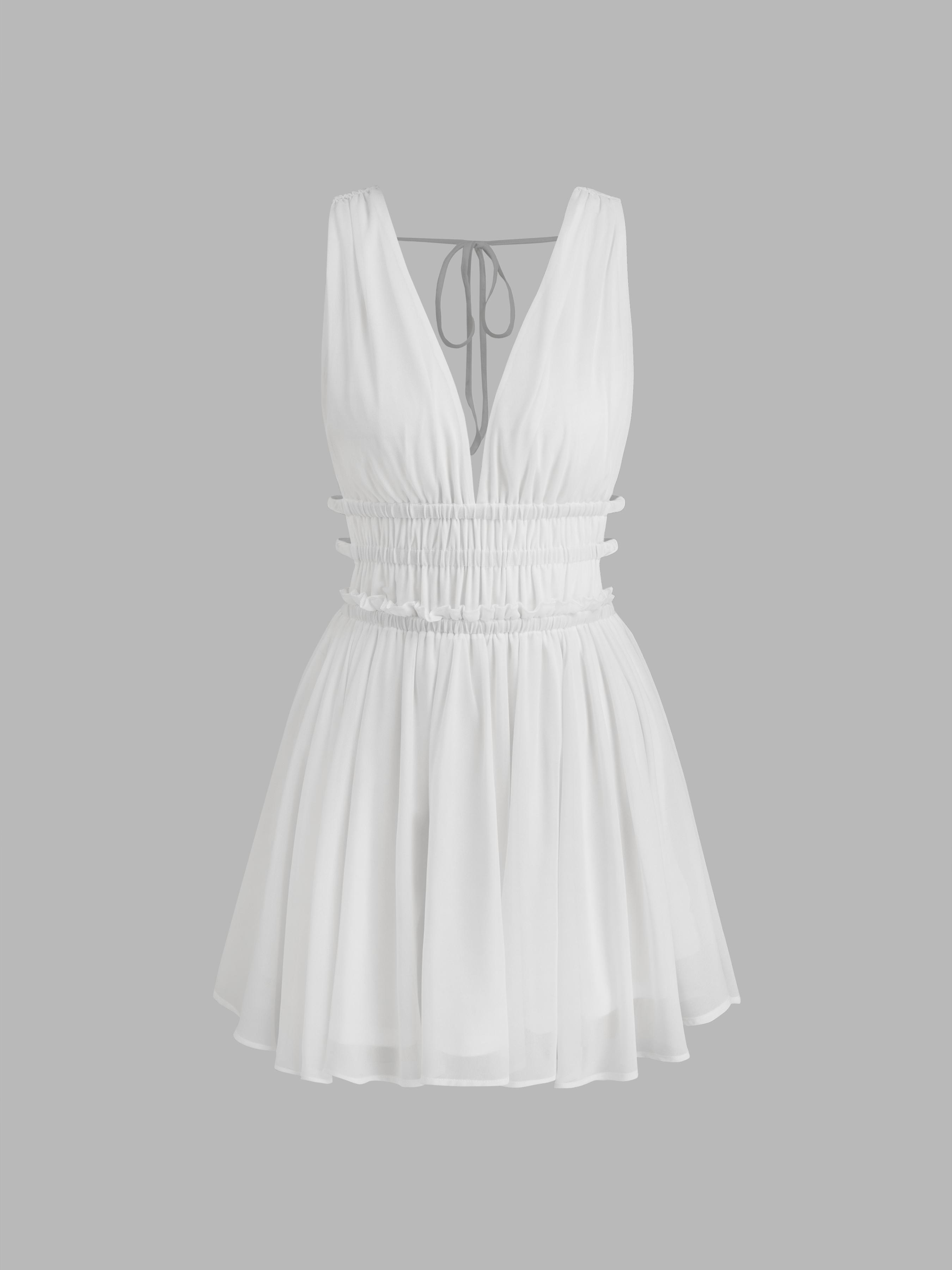 V-neck Knotted Shirred Mini Dress by CIDER