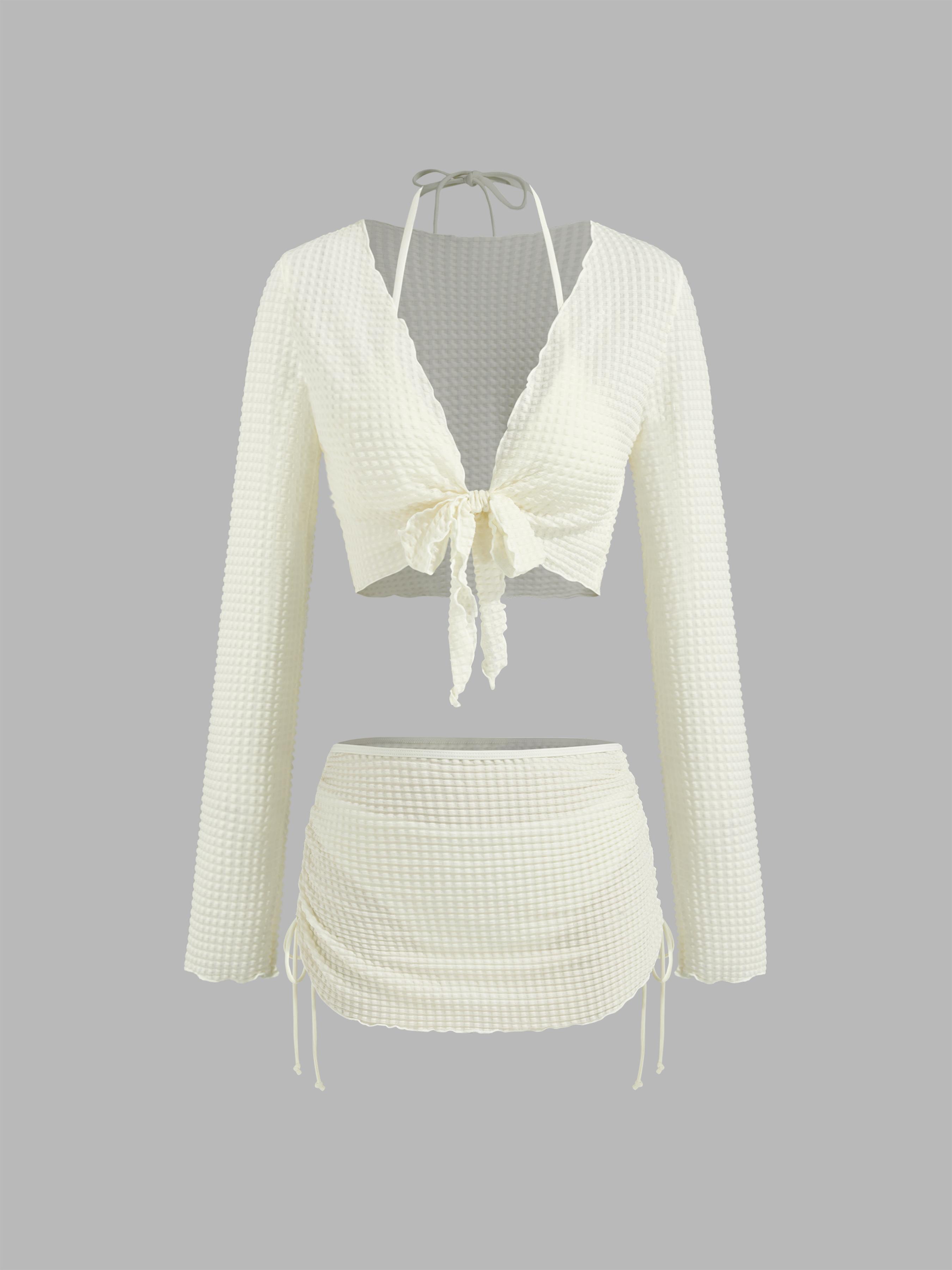 V-neck Knotted Triangle Cheeky Bikini Set With Texture Cover Up Set by CIDER