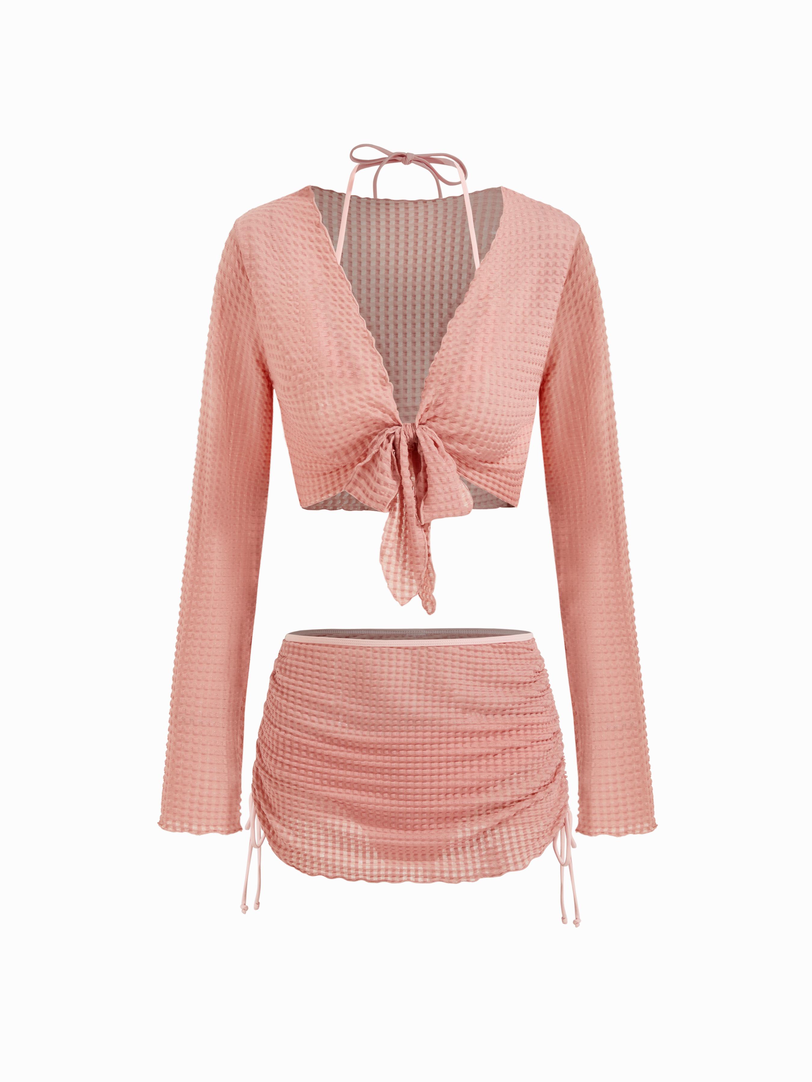 V-neck Knotted Triangle Cheeky Bikini Set With Texture Cover Up Set by CIDER