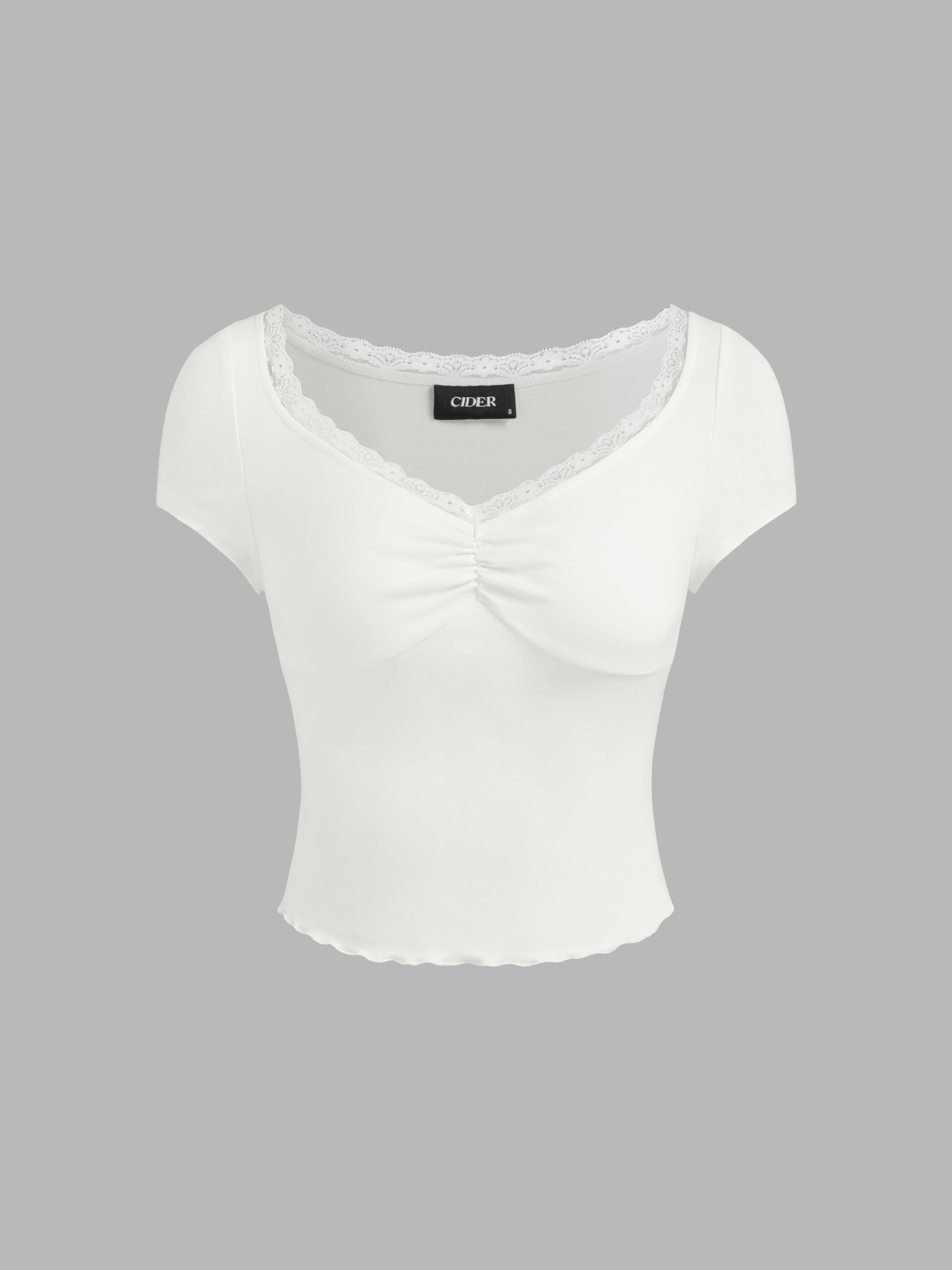 V-neck Lace Lettuce Trim Short Sleeve Tee by CIDER