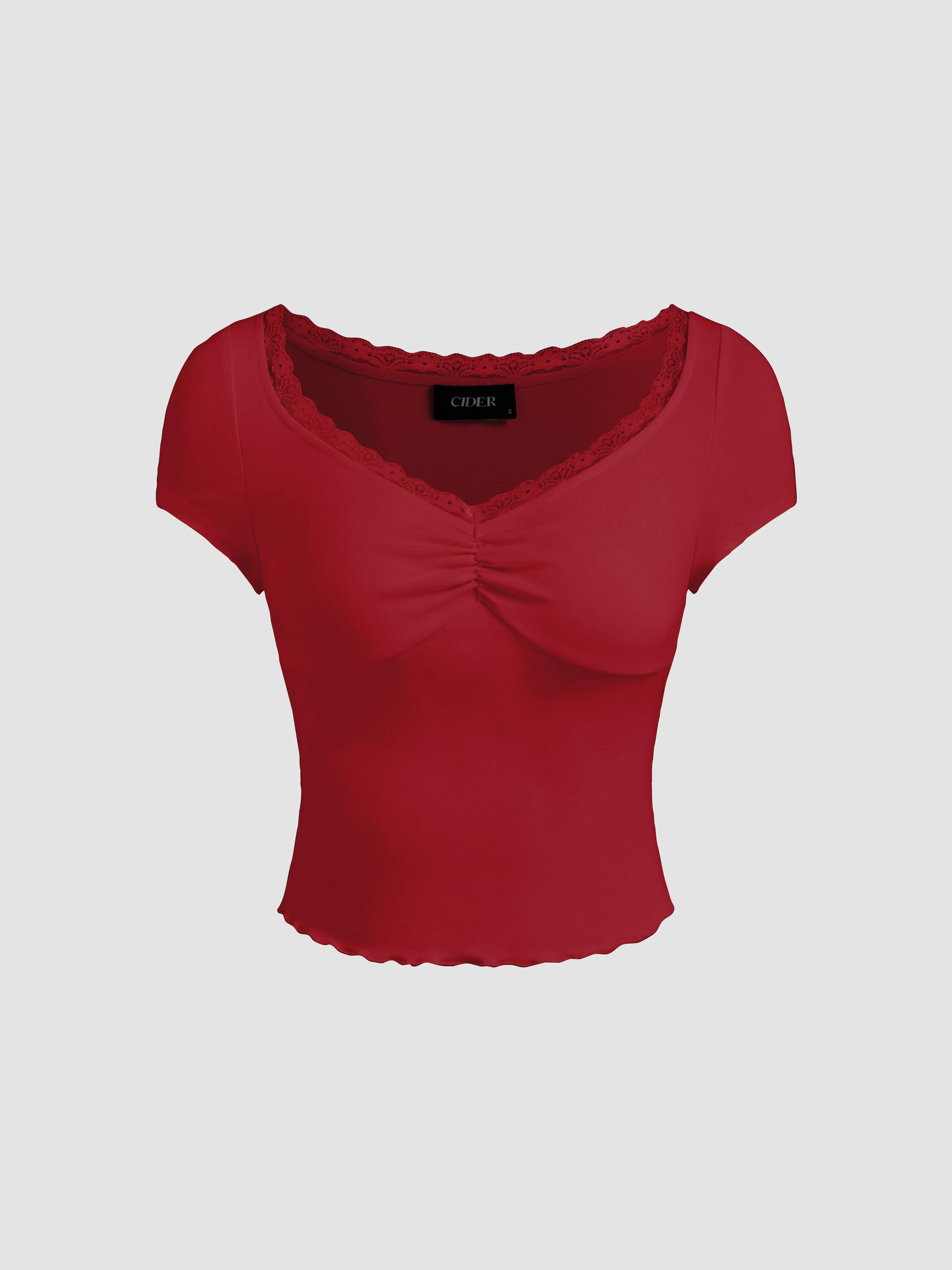 V-neck Lace Lettuce Trim Short Sleeve Tee by CIDER