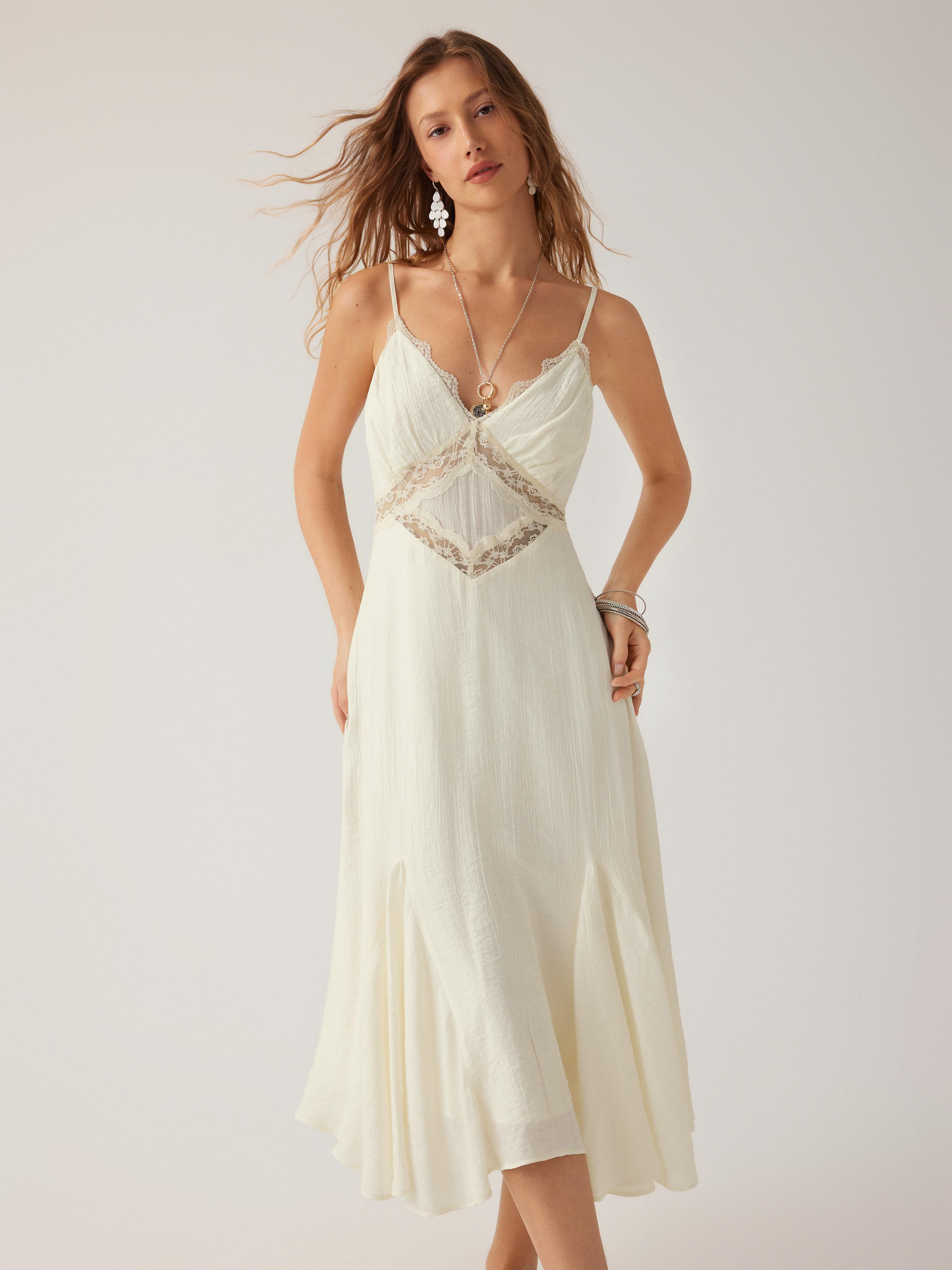 V-neck Lace Panel A-line Cami Midi Dress by CIDER