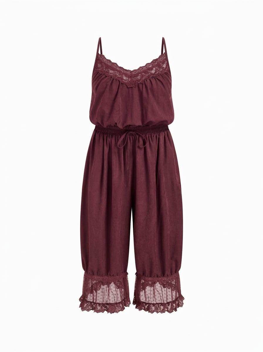 V-neck Lace Panel Drawstring Capri Bloomer Jumpsuit by CIDER