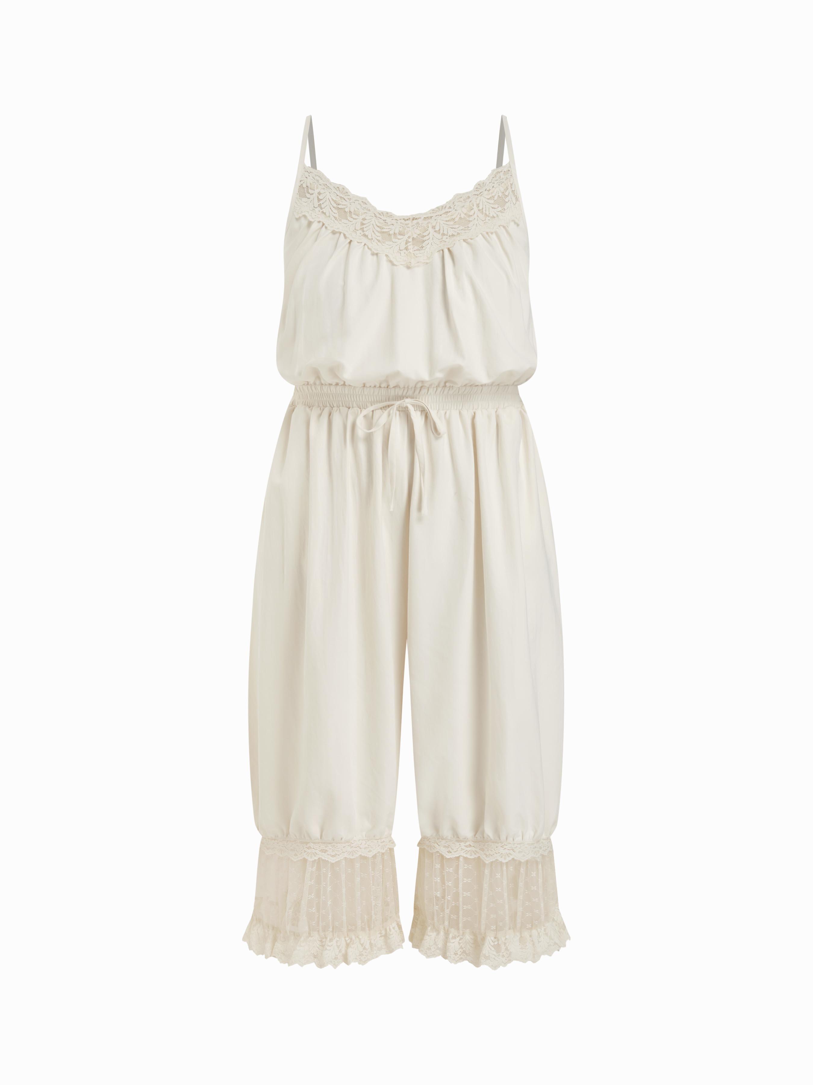 V-neck Lace Panel Drawstring Capri Bloomer Jumpsuit by CIDER
