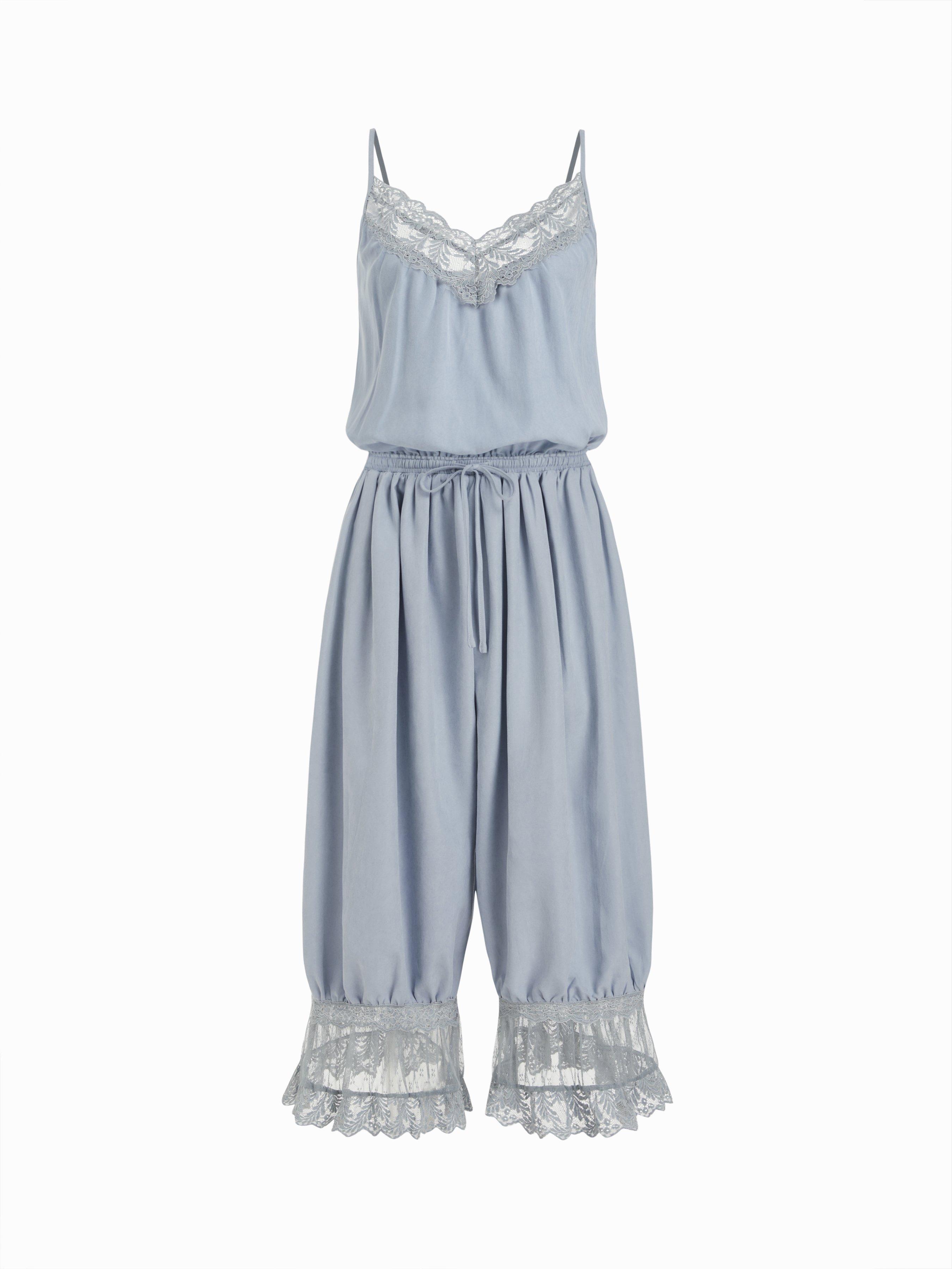 V-neck Lace Panel Oversized Drawstring Bloomer Jumpsuit by CIDER