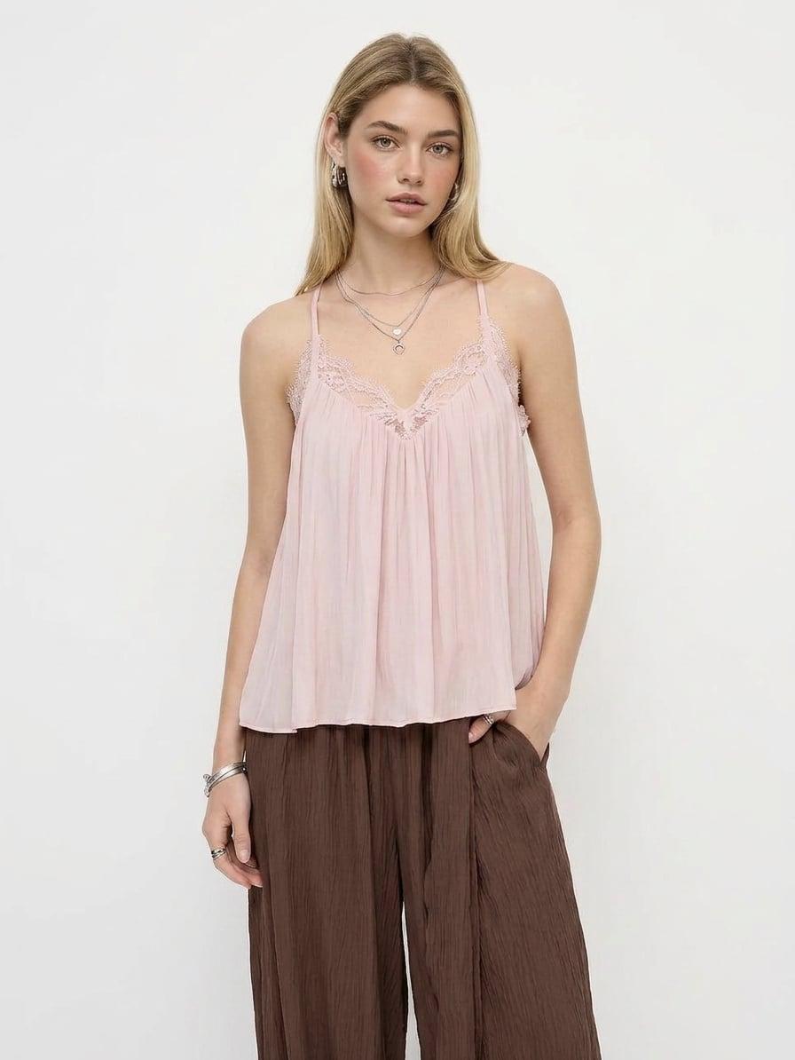 V-neck Lace Panel Ruched Cami Blouse by CIDER