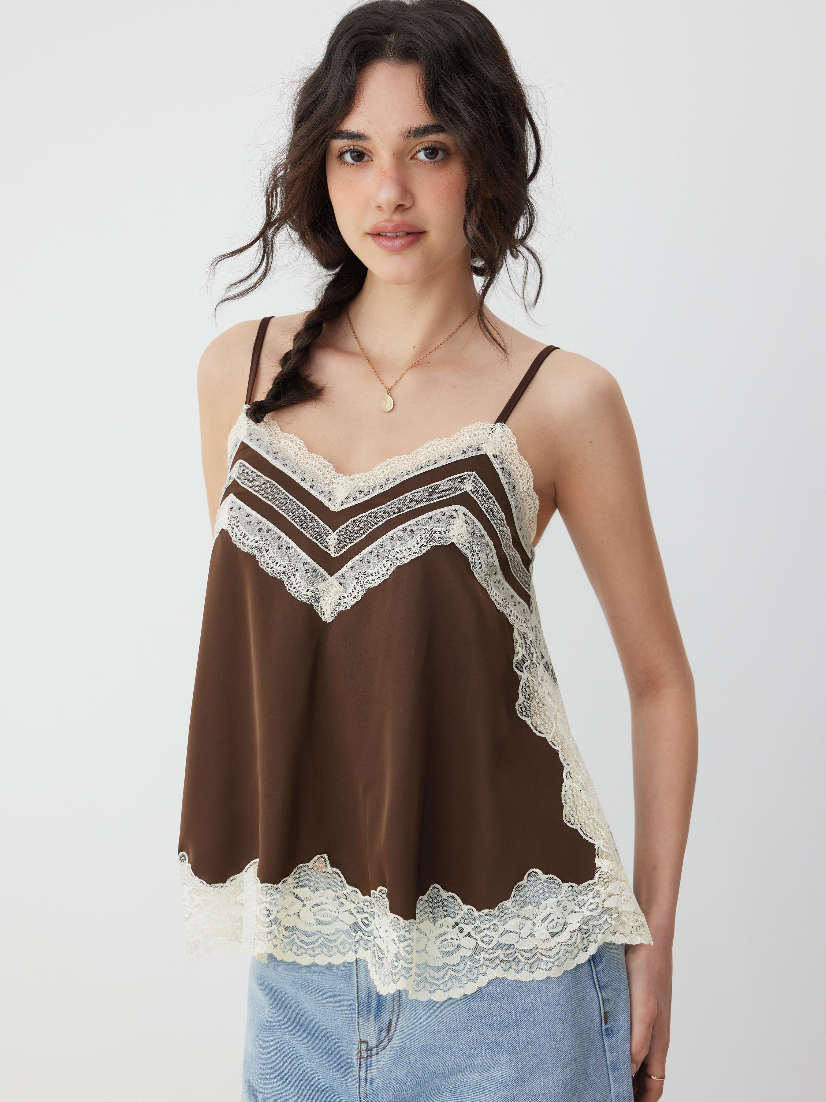 V-neck Lace Panel Split Cami Top by CIDER