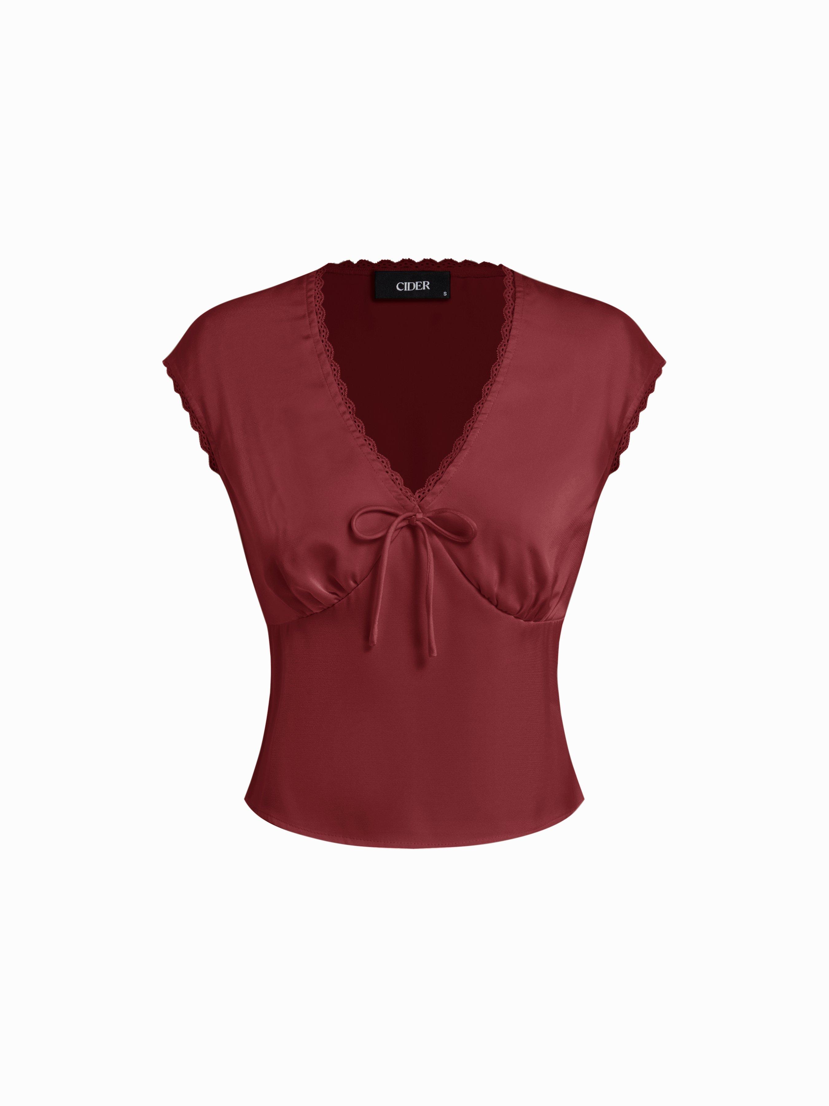 V-neck Lace Trim Ruched Bowknot Crop Blouse by CIDER