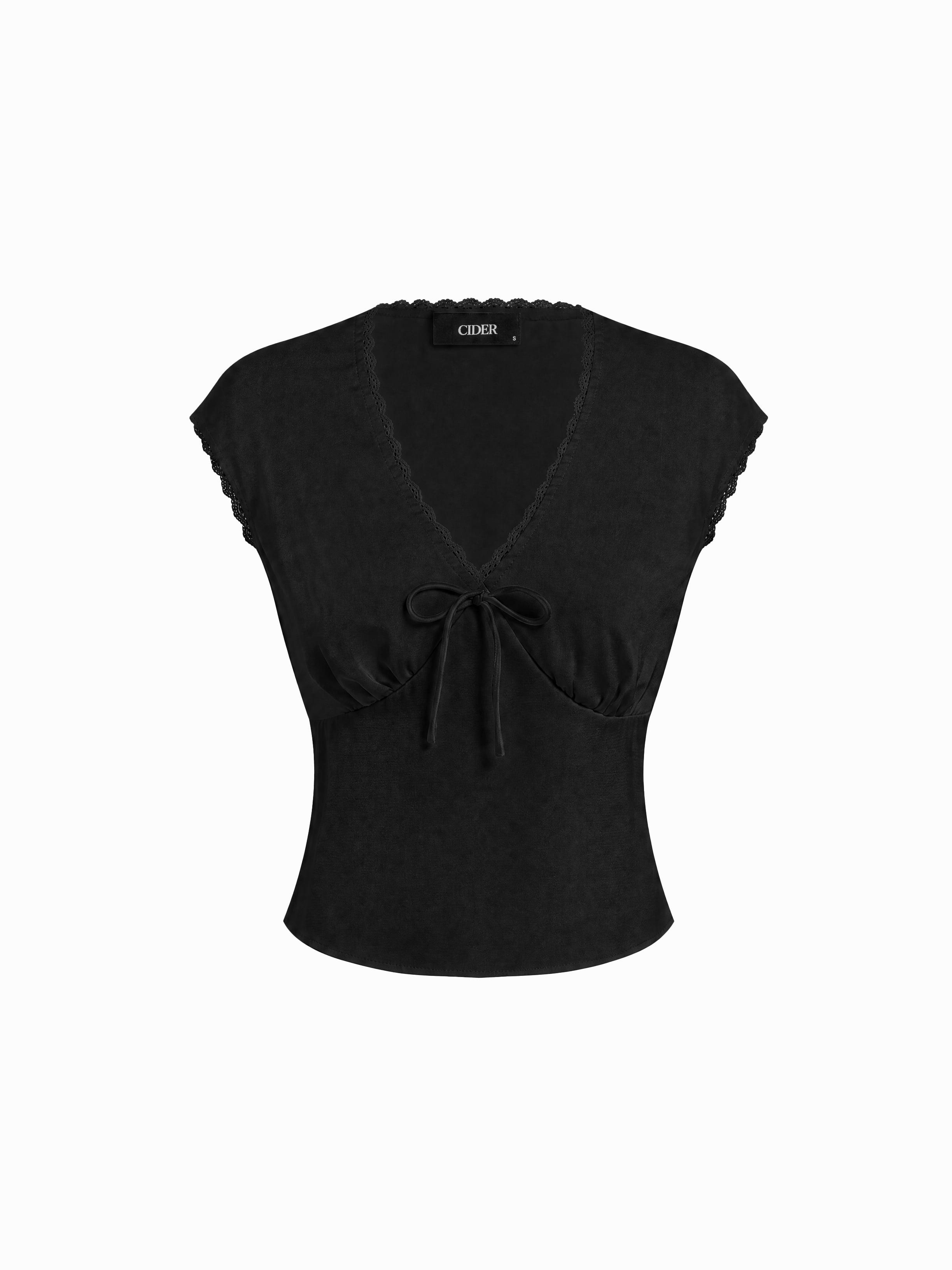 V-neck Lace Trim Ruched Bowknot Crop Blouse by CIDER