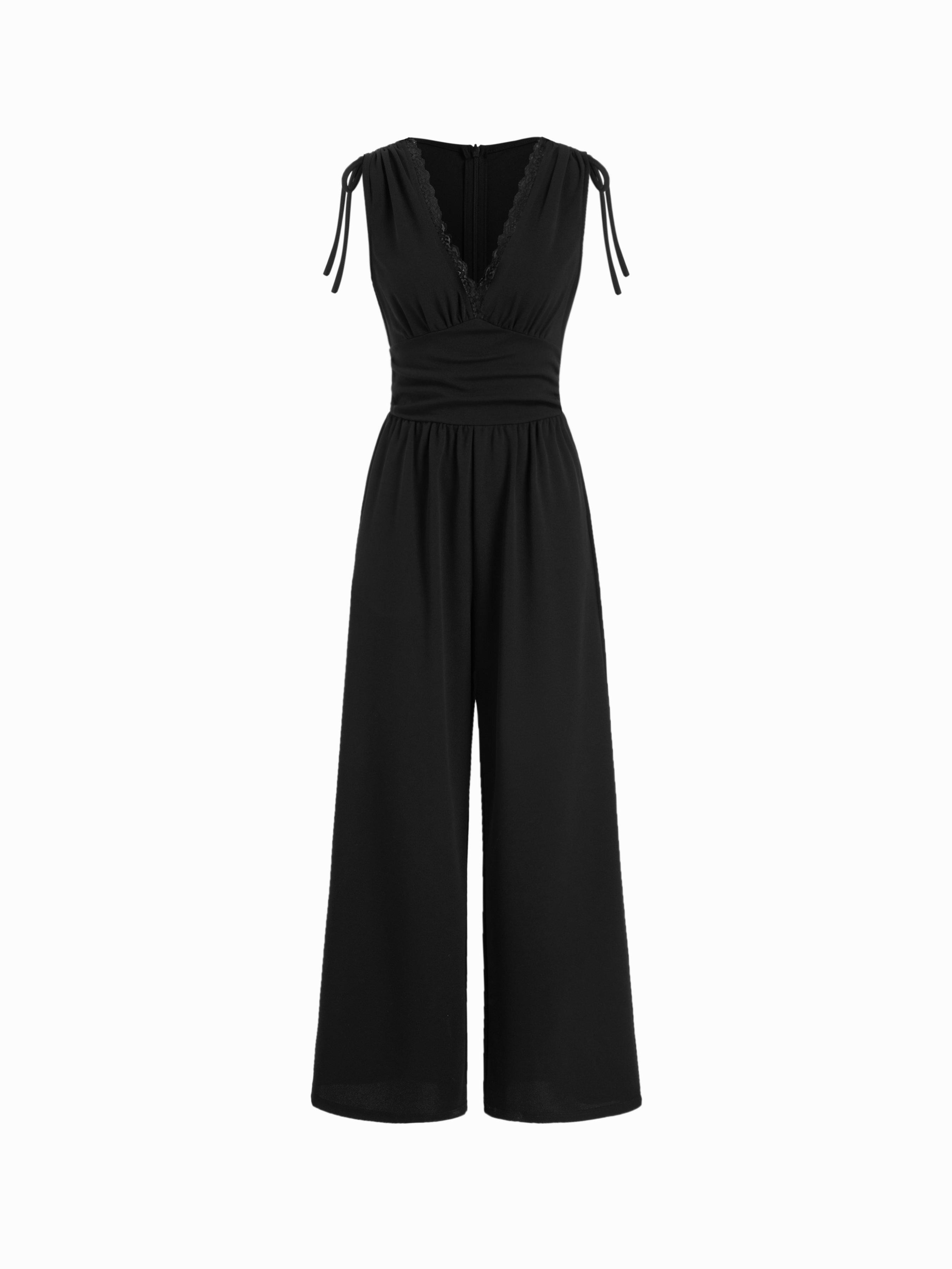 V-neck Lace Trim Ruched Bowknot Mid Rise Wide Leg Jumpsuit by CIDER V-neck Lace Trim Ruched Bowknot Mid Rise Wide Leg Jumpsuit by CIDER