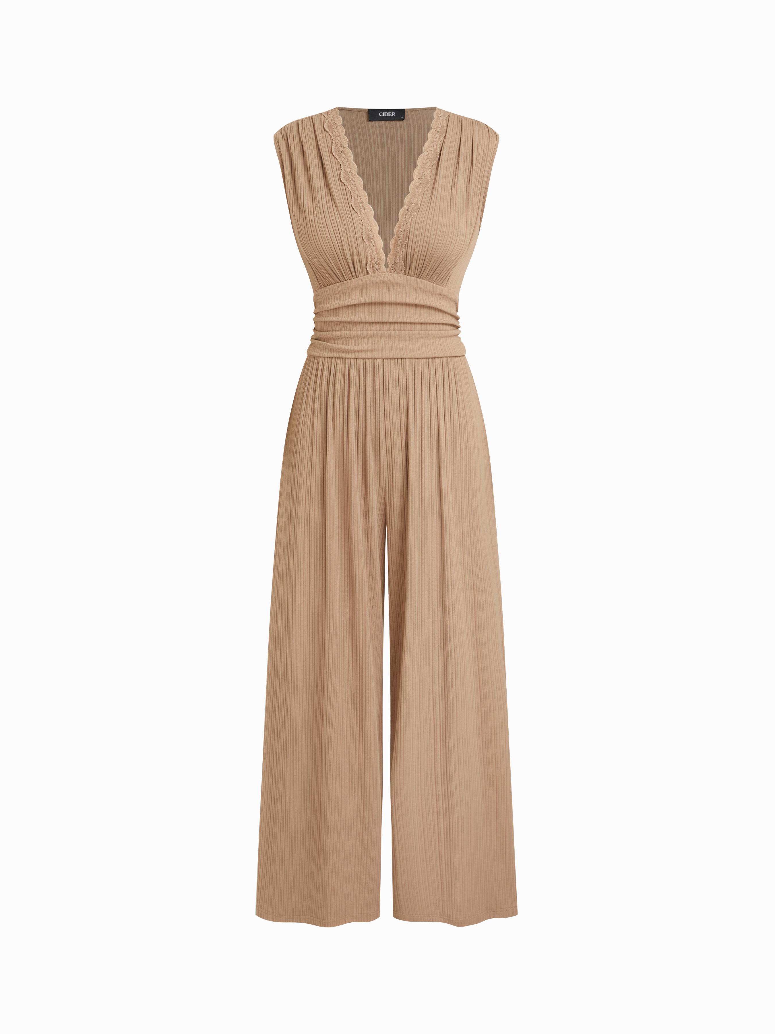 V-neck Lace Trim Ruched Wide Leg Jumpsuit by CIDER