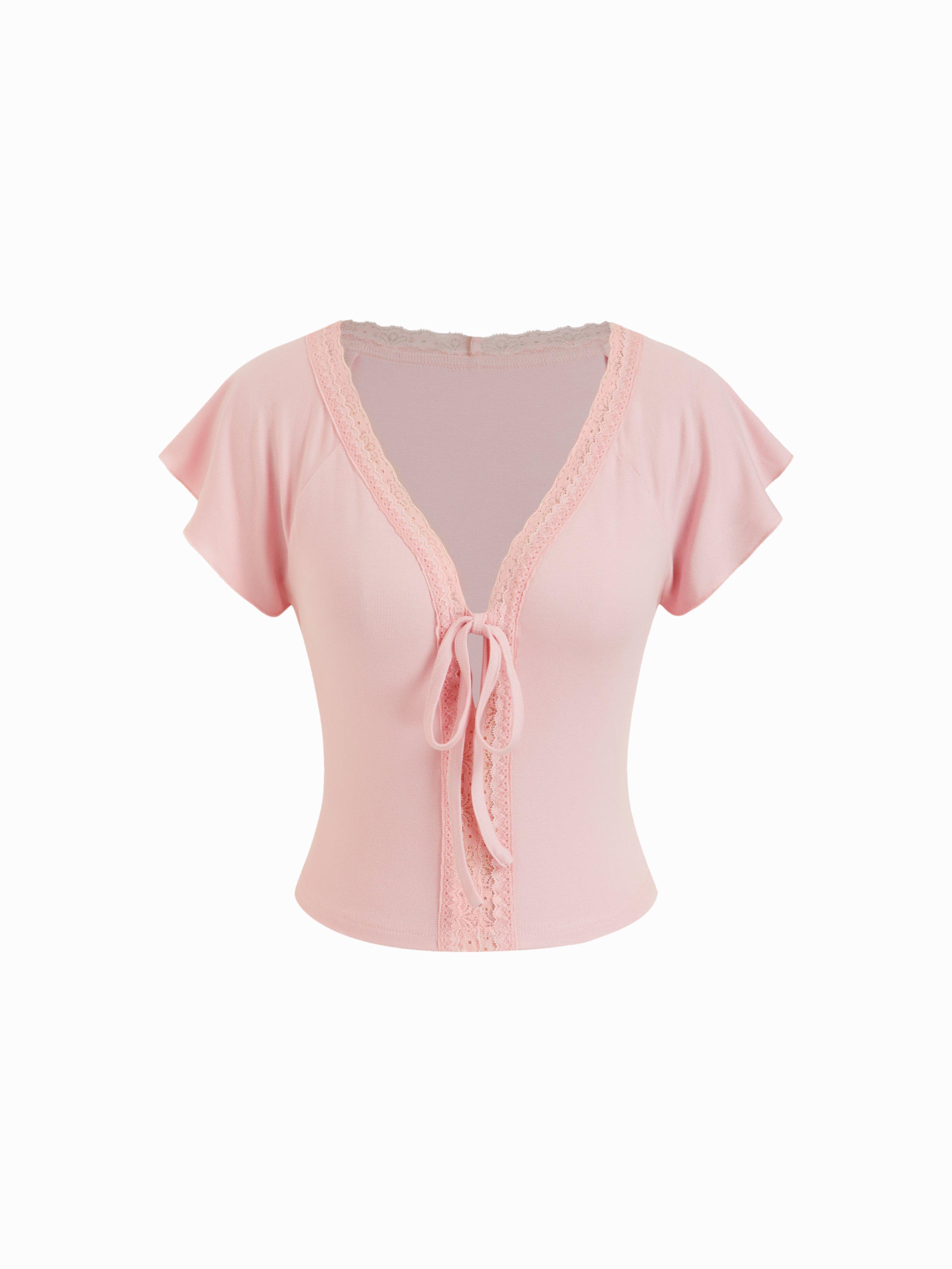 V-neck Lace Trim Tie Front Bell Sleeve Tops by CIDER