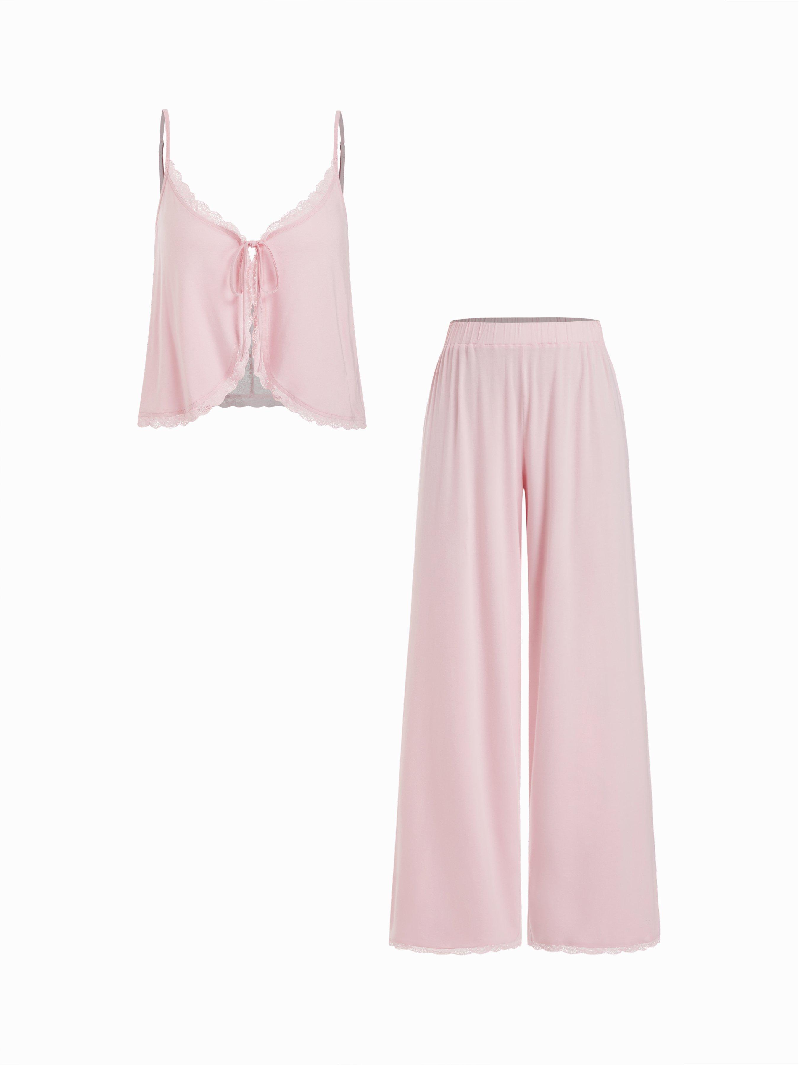 V-neck Lace Trim Tie Front Bow Top & Mid Rise Wide Leg Trousers Loungewear Set by CIDER