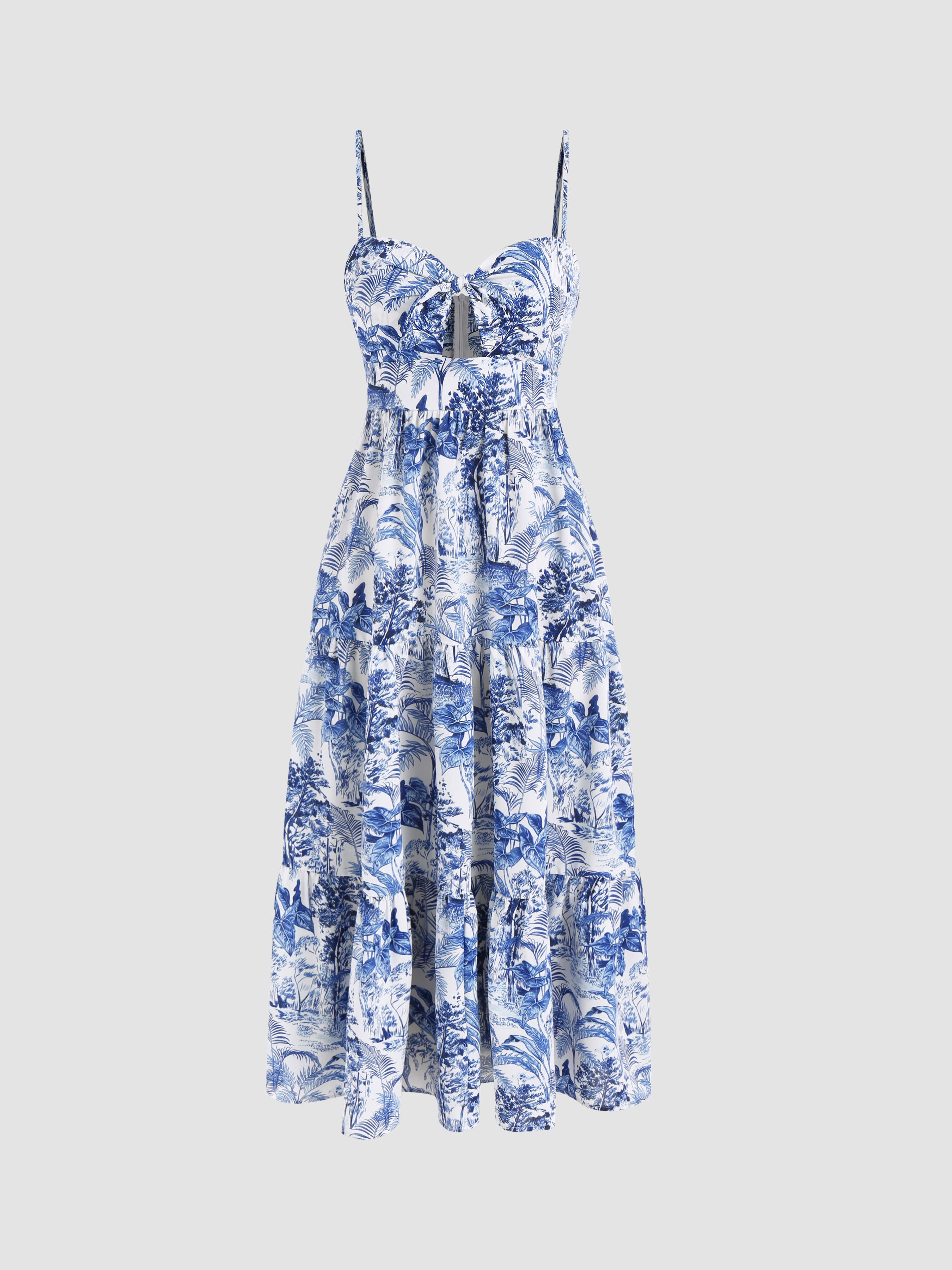 V-neck Landscape Painting Cut Out Knotted Cami Midi Dress by CIDER
