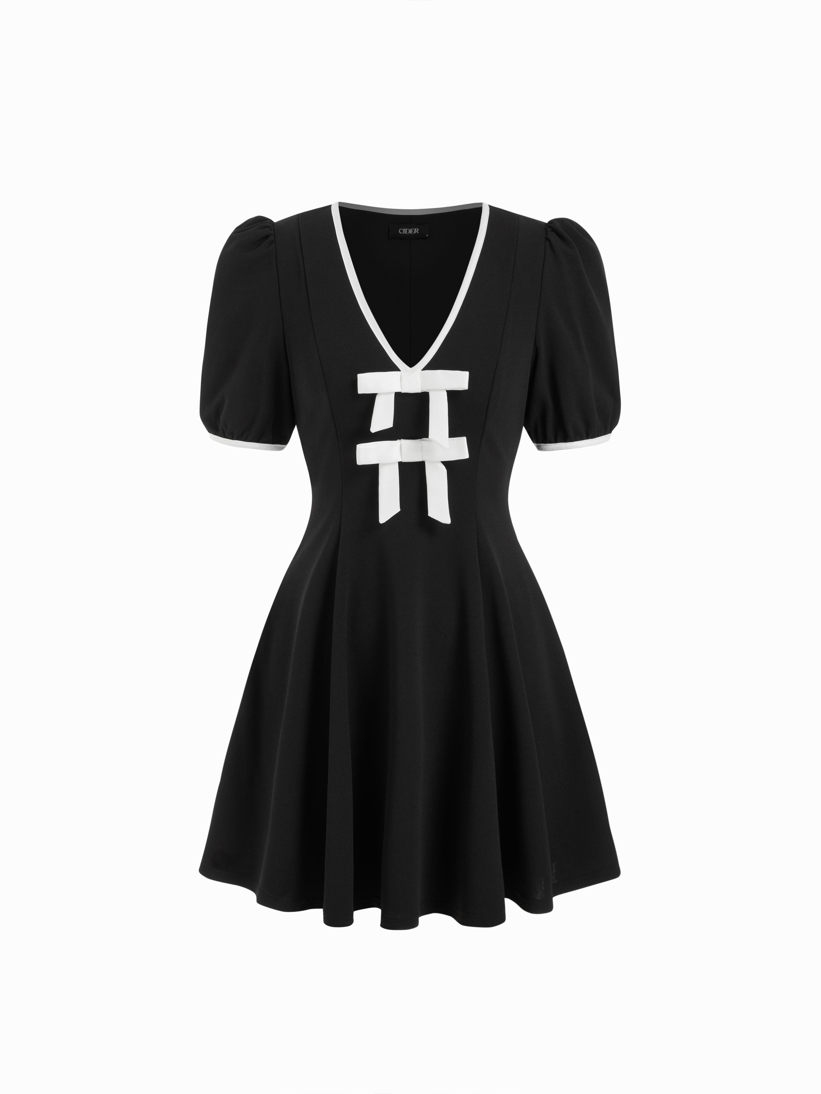 V-neck Lantern Sleeve Bowknot Flared Mini Dress by CIDER