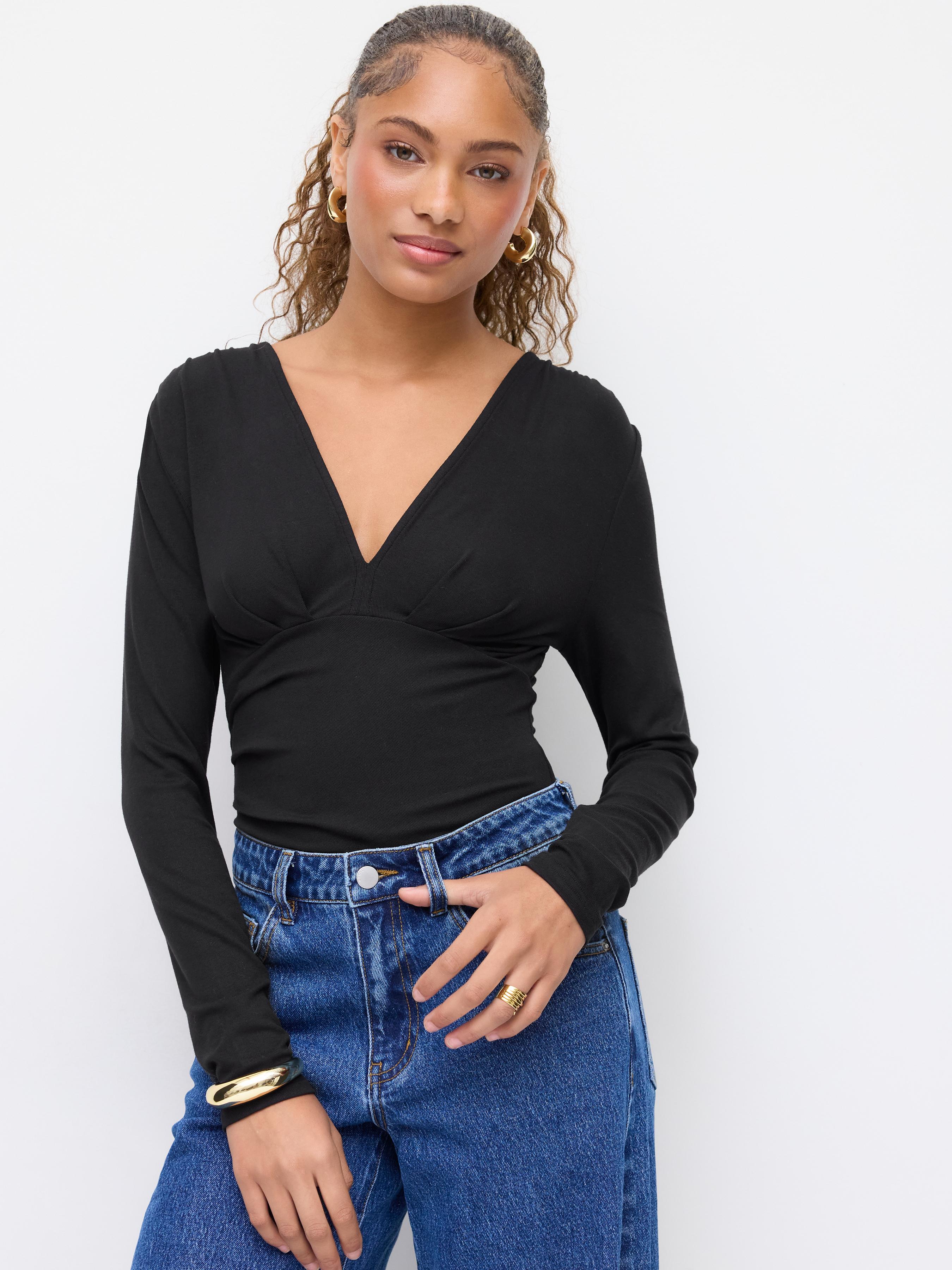 V-neck Long Sleeve Ruched Bodysuit by CIDER