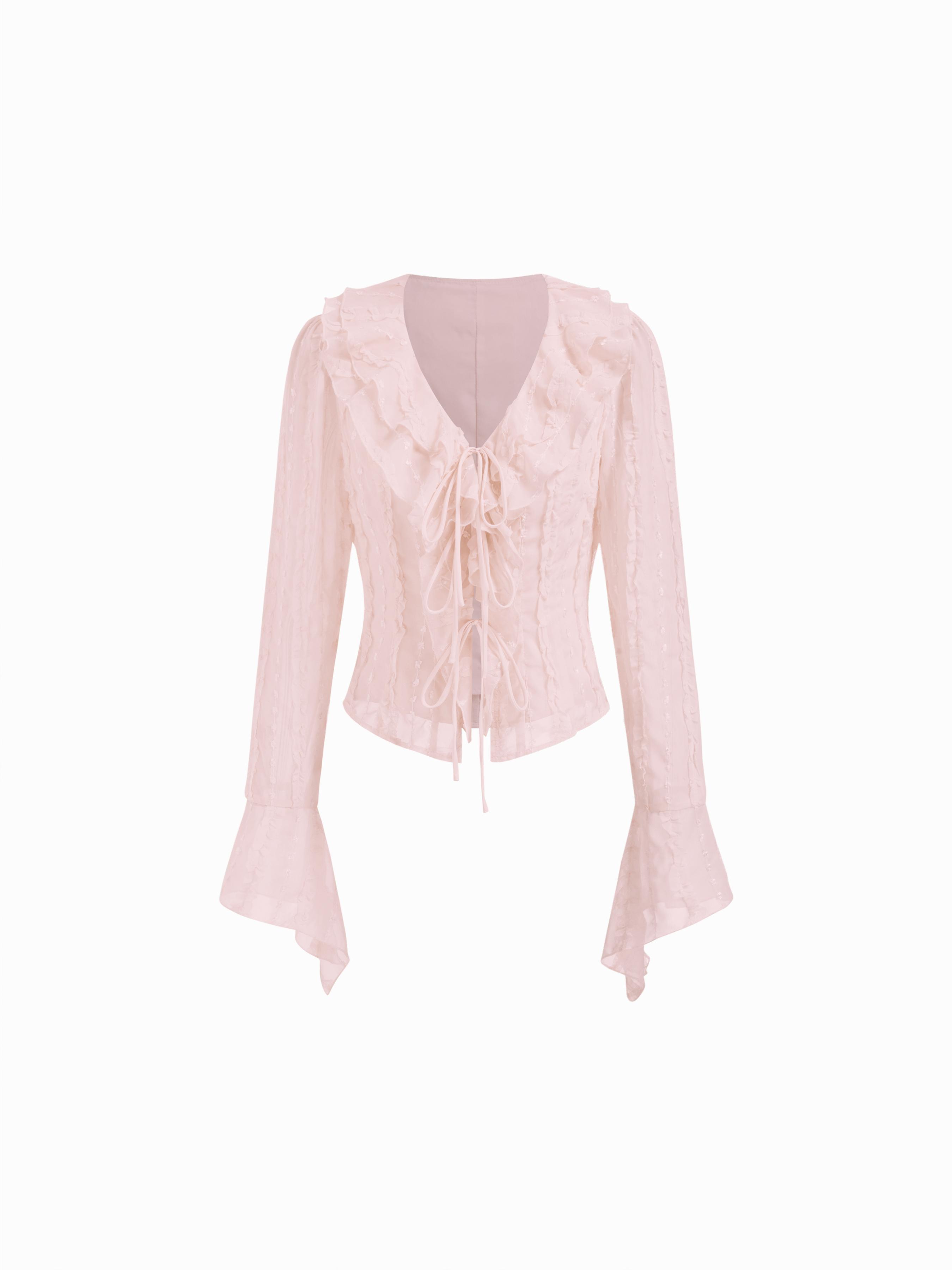 V-neck Long Sleeve Ruffle Trim Tie Front Bow Blouse by CIDER