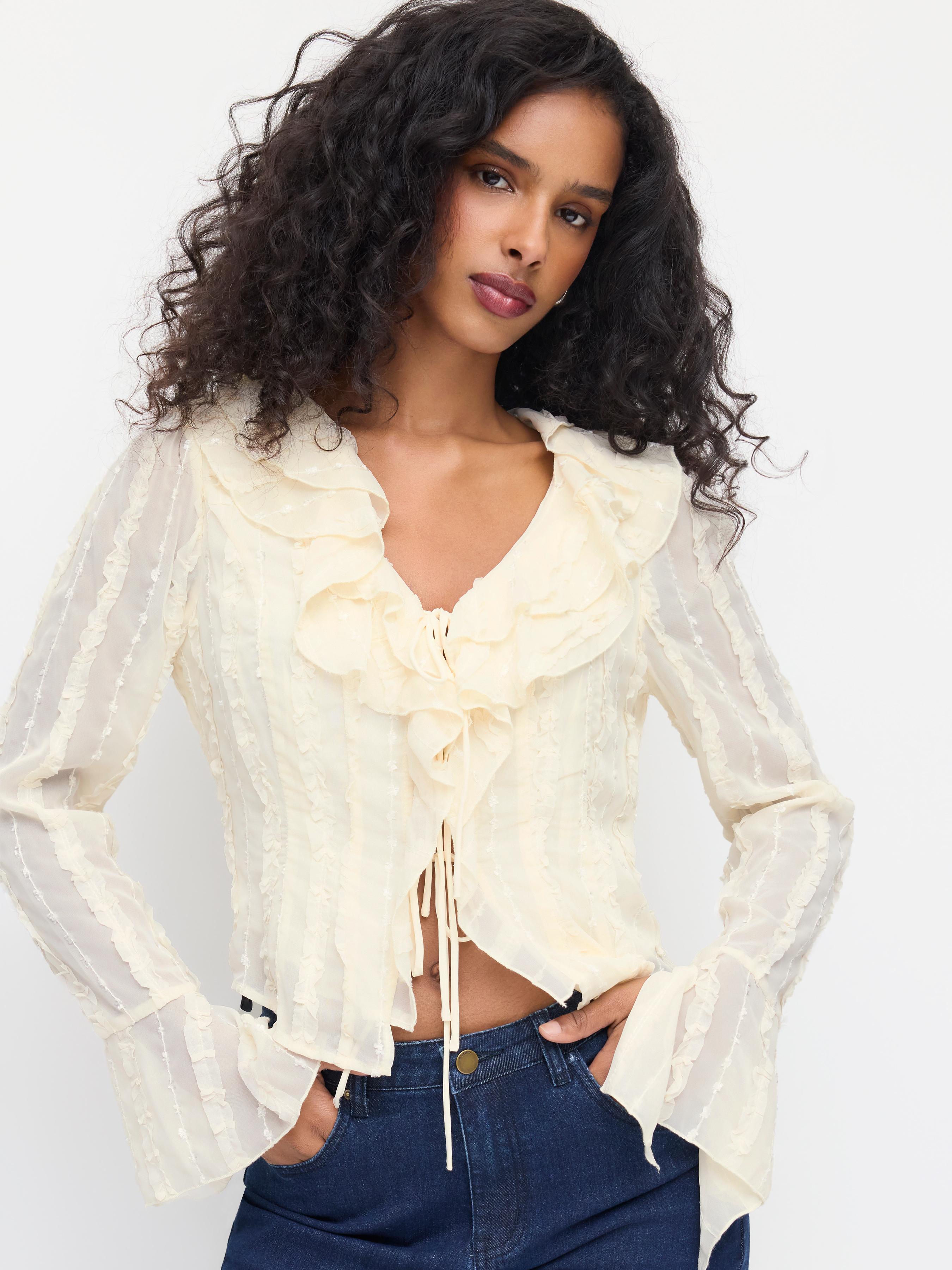 V-neck Long Sleeve Ruffle Trim Tie Front Bow Blouse by CIDER