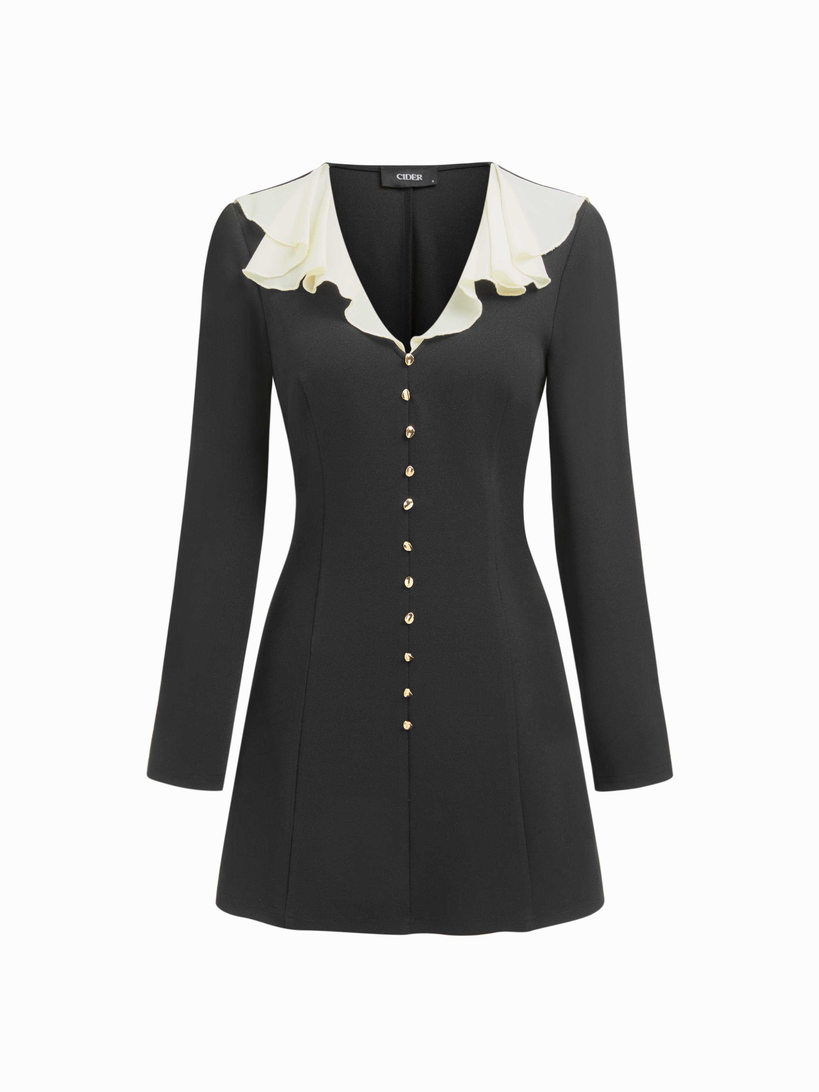V-neck Long Sleeve Two Tone Ruffle Metal Button A-line Mini Dress by CIDER